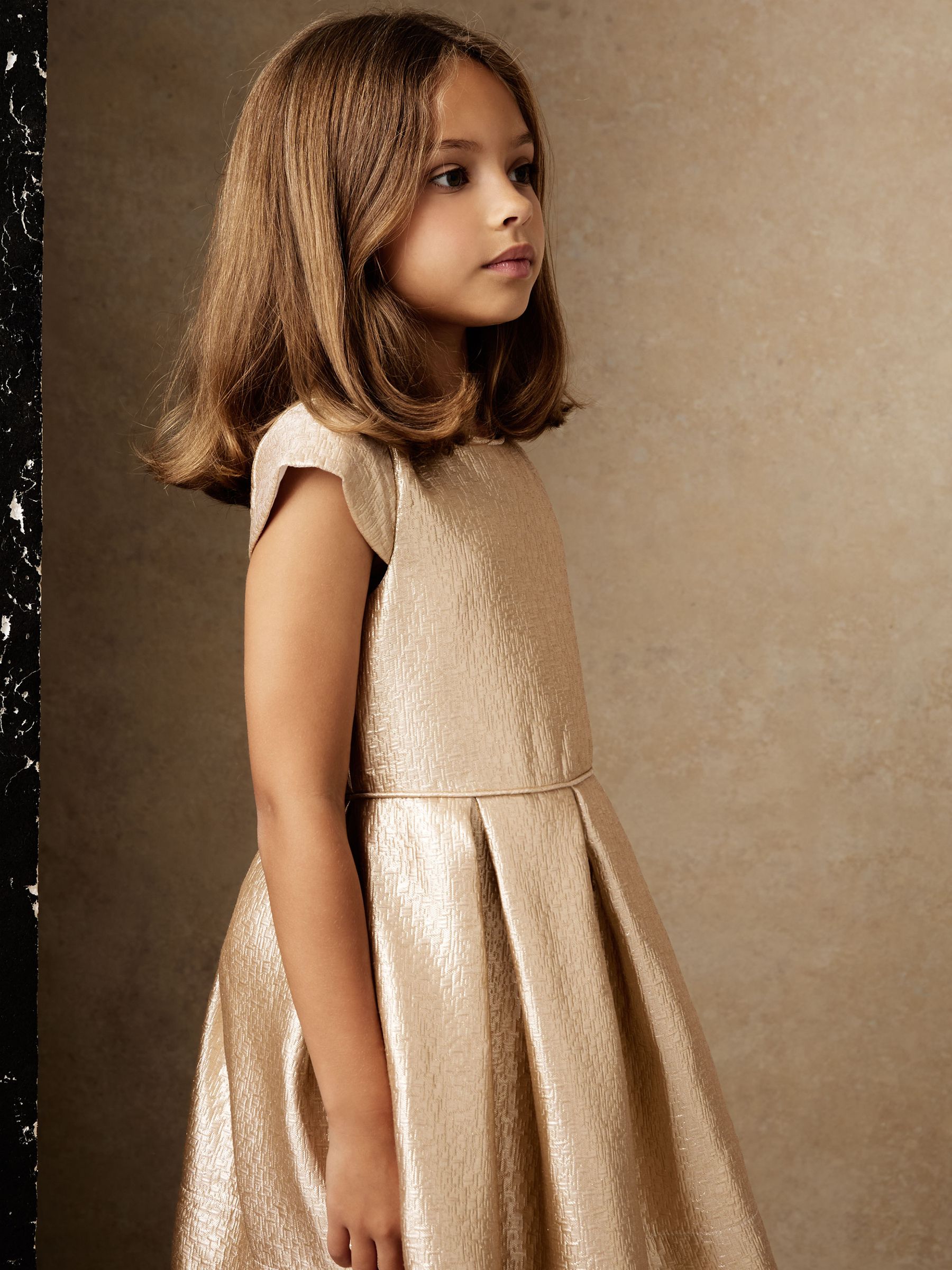9-13 yrs Textured Metallic Pleated Dress in Gold