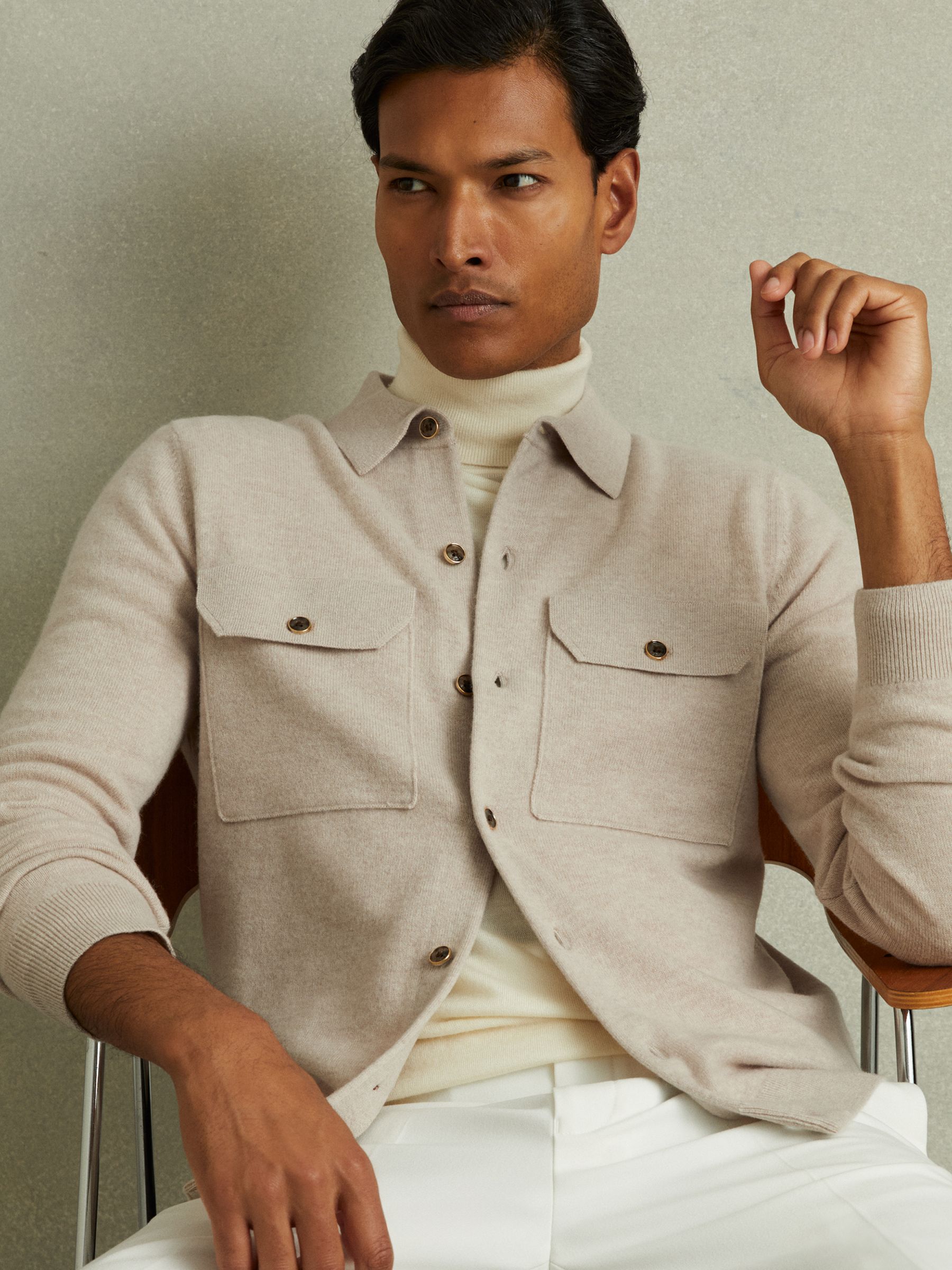 Merino Wool Button-Front Cardigan in Oatmeal