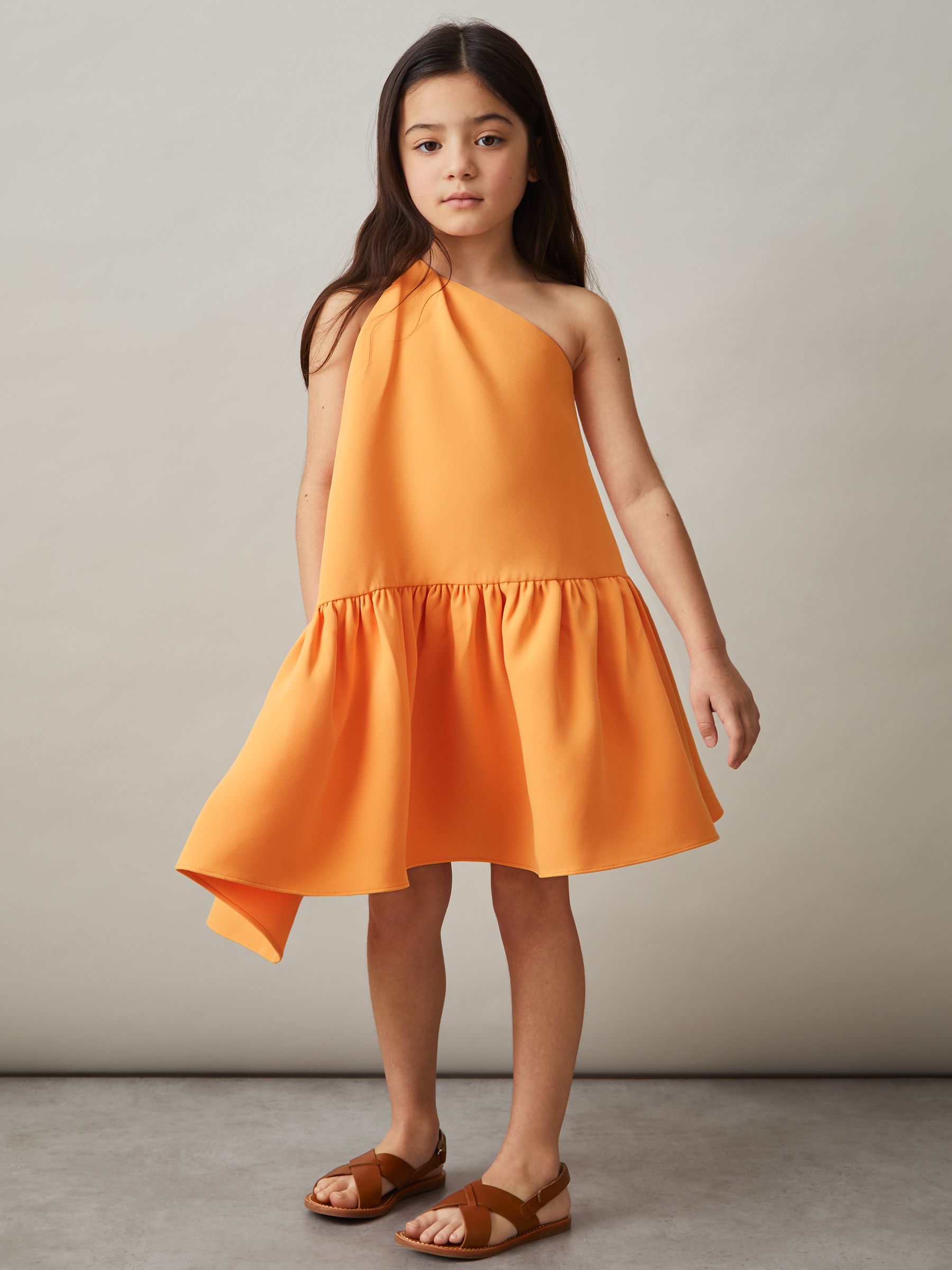 13-14 yrs One-Shoulder Tiered Dress in Orange
