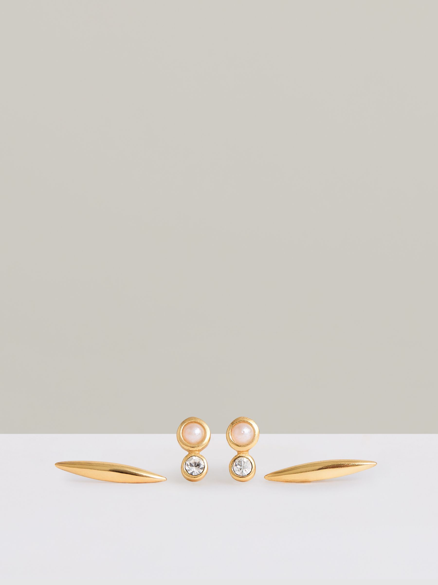 Micro Faux-Pearl And Bar Stud Earrings Set in Gold Tone