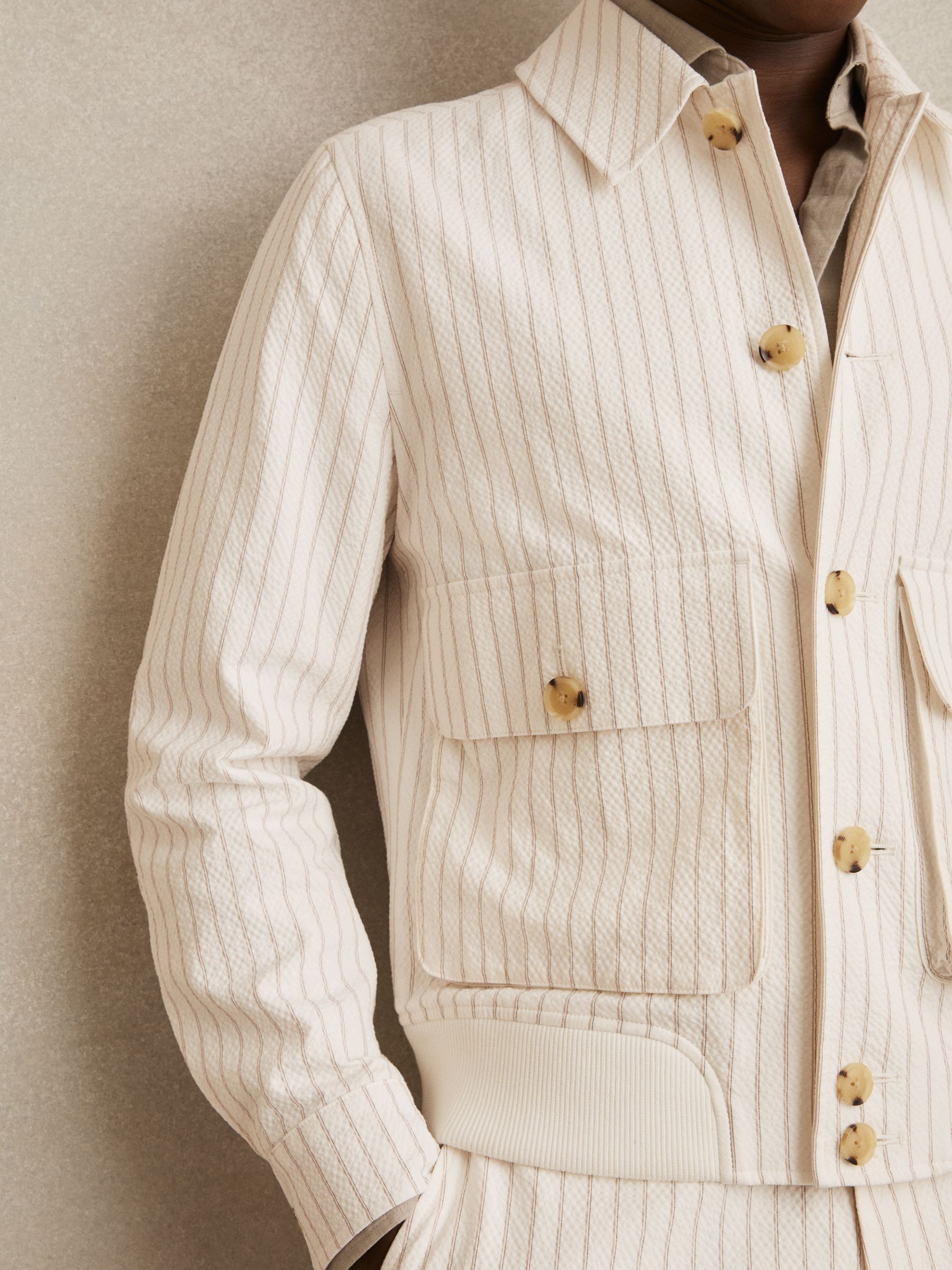 Cotton-Blend Pinstripe Harrington Jacket in Off White/Taupe Brown