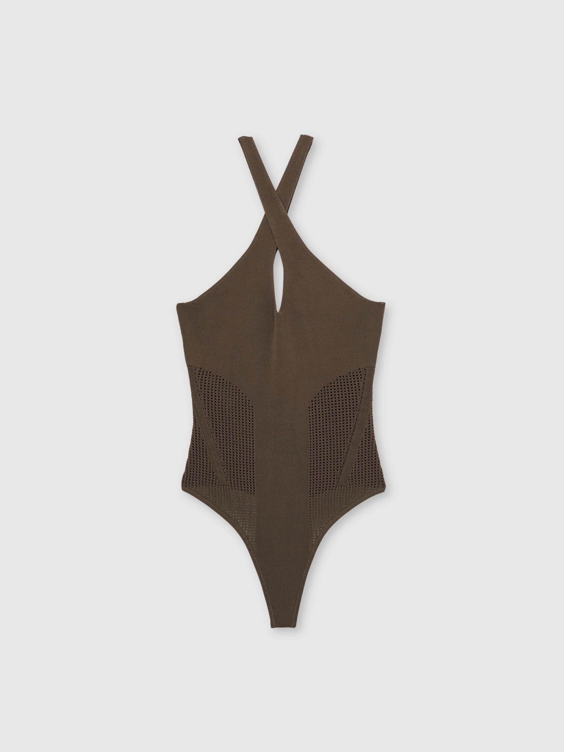 Perforated-Knit Cross-Strap Bodysuit in Mink