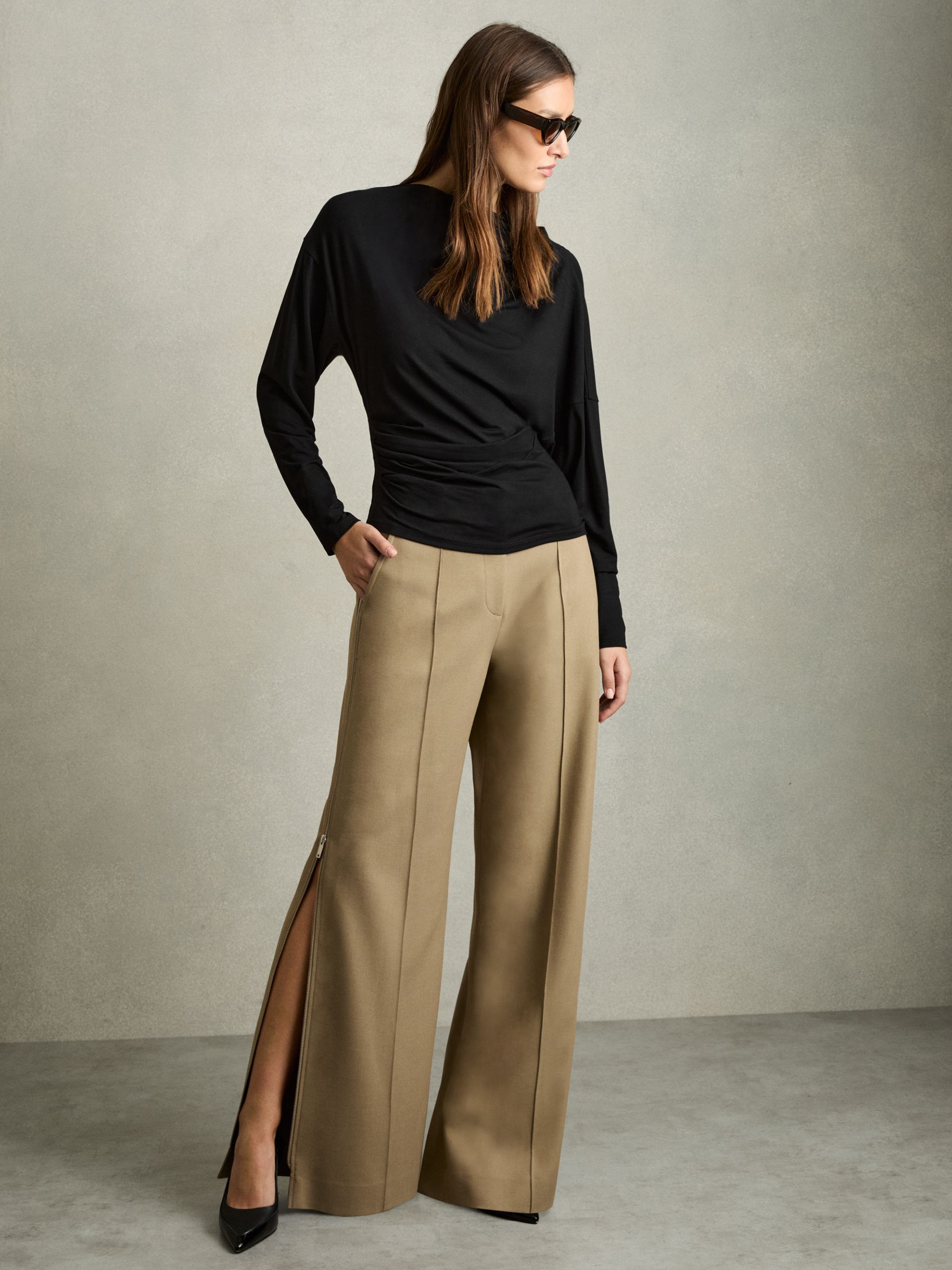 Draped Jersey Long-Sleeve Top in Black