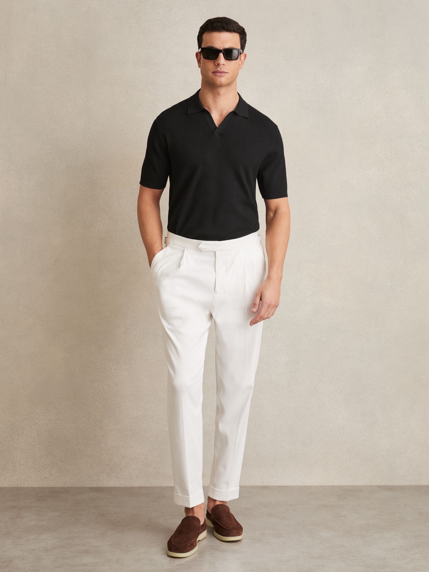 Open-Collar Knit Polo Shirt in Black