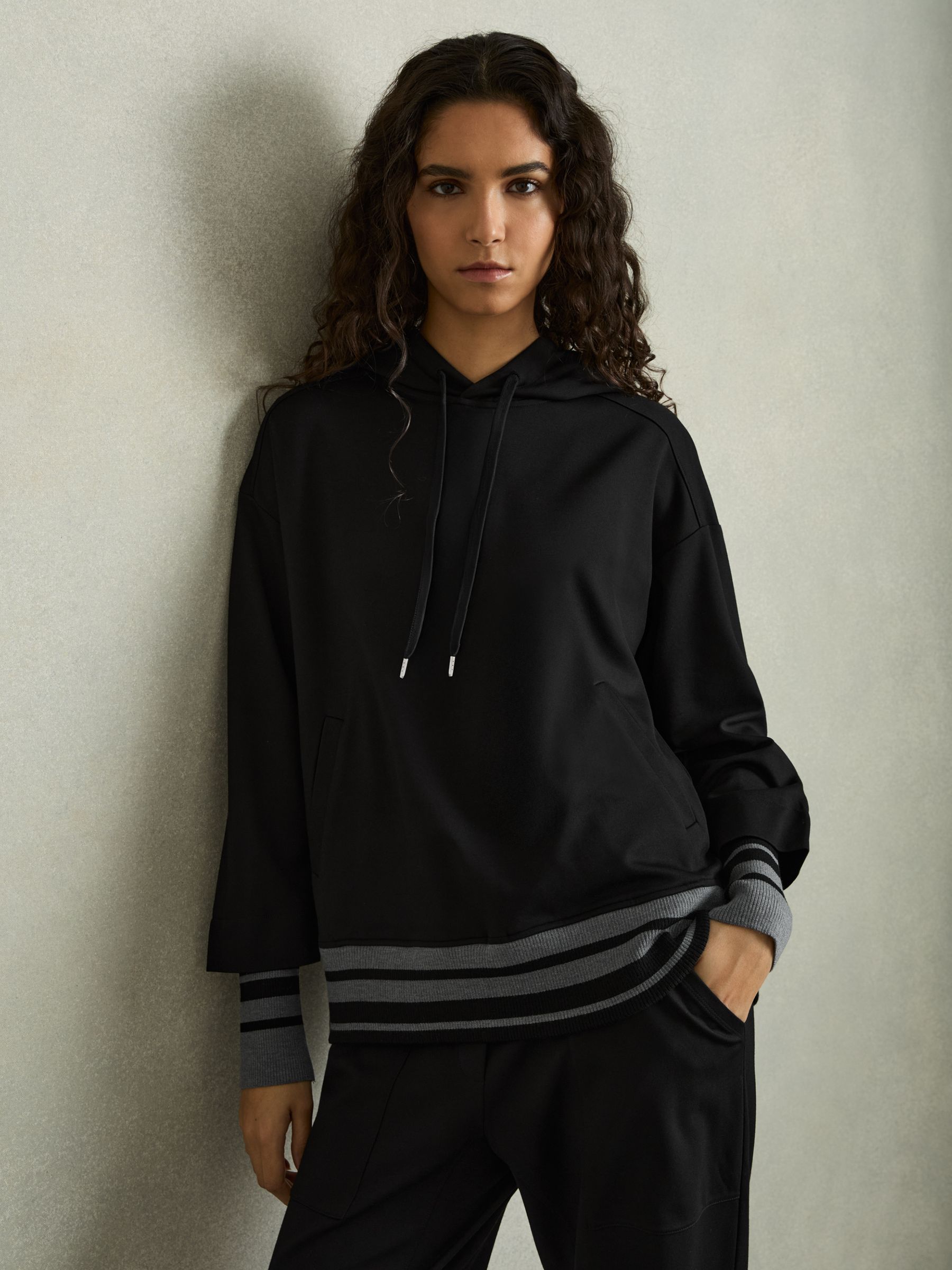 Drawstring Jersey Hoodie in Black/Charcoal