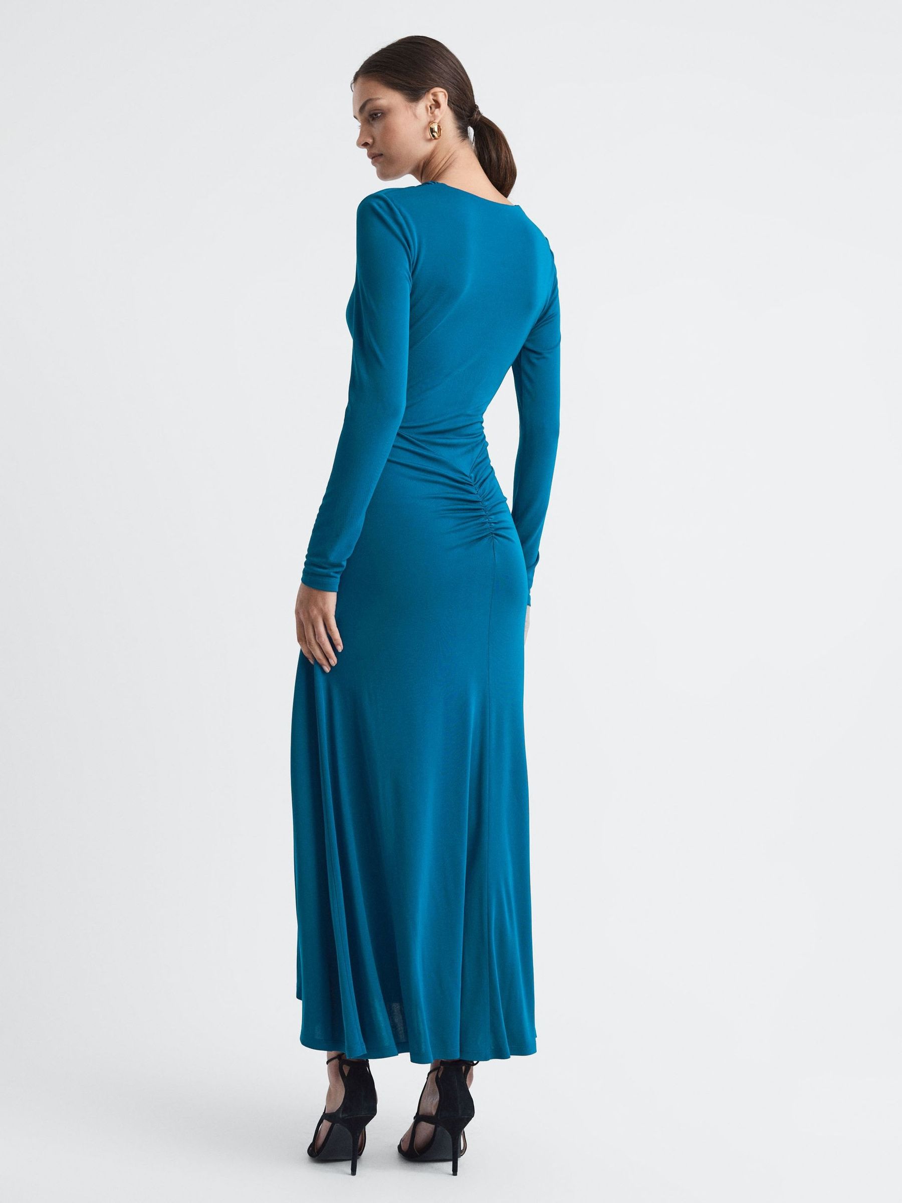 Plunge Neck Ruche Midi Dress in Teal