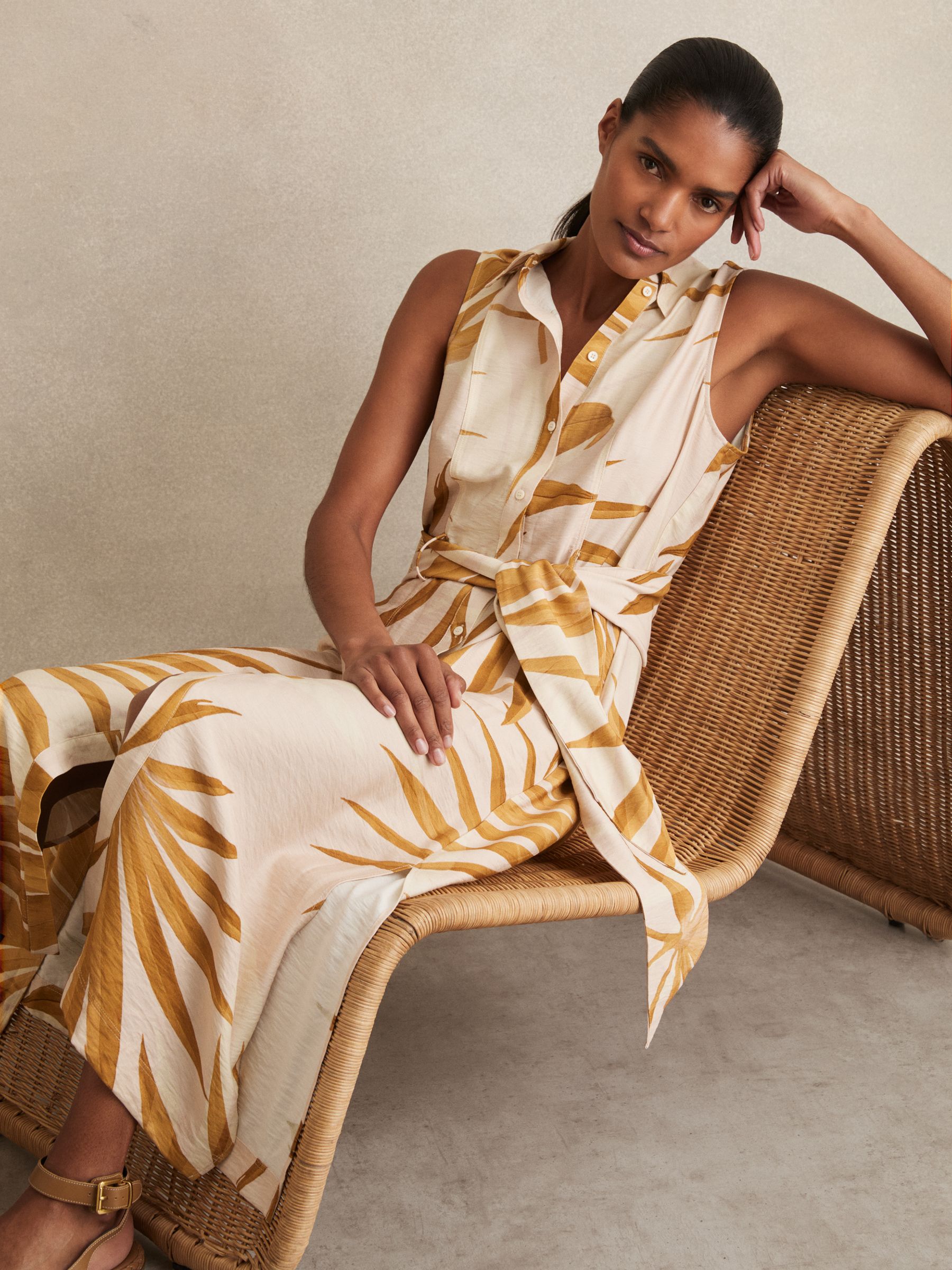 Petite Palm-Print Sleeveless Shirt Dress in Neutral