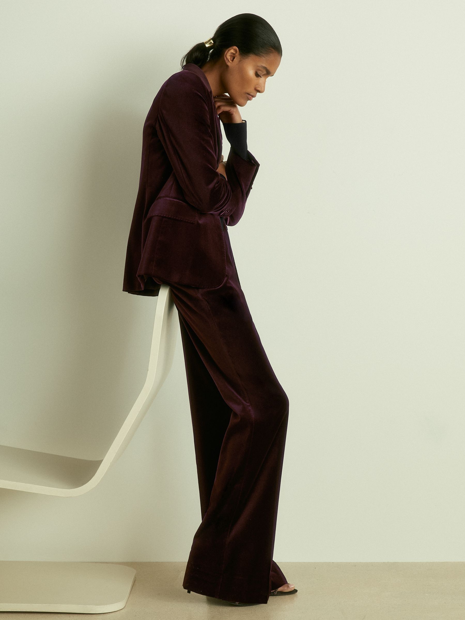 Petite Cotton-Velvet Flared Trousers in Burgundy