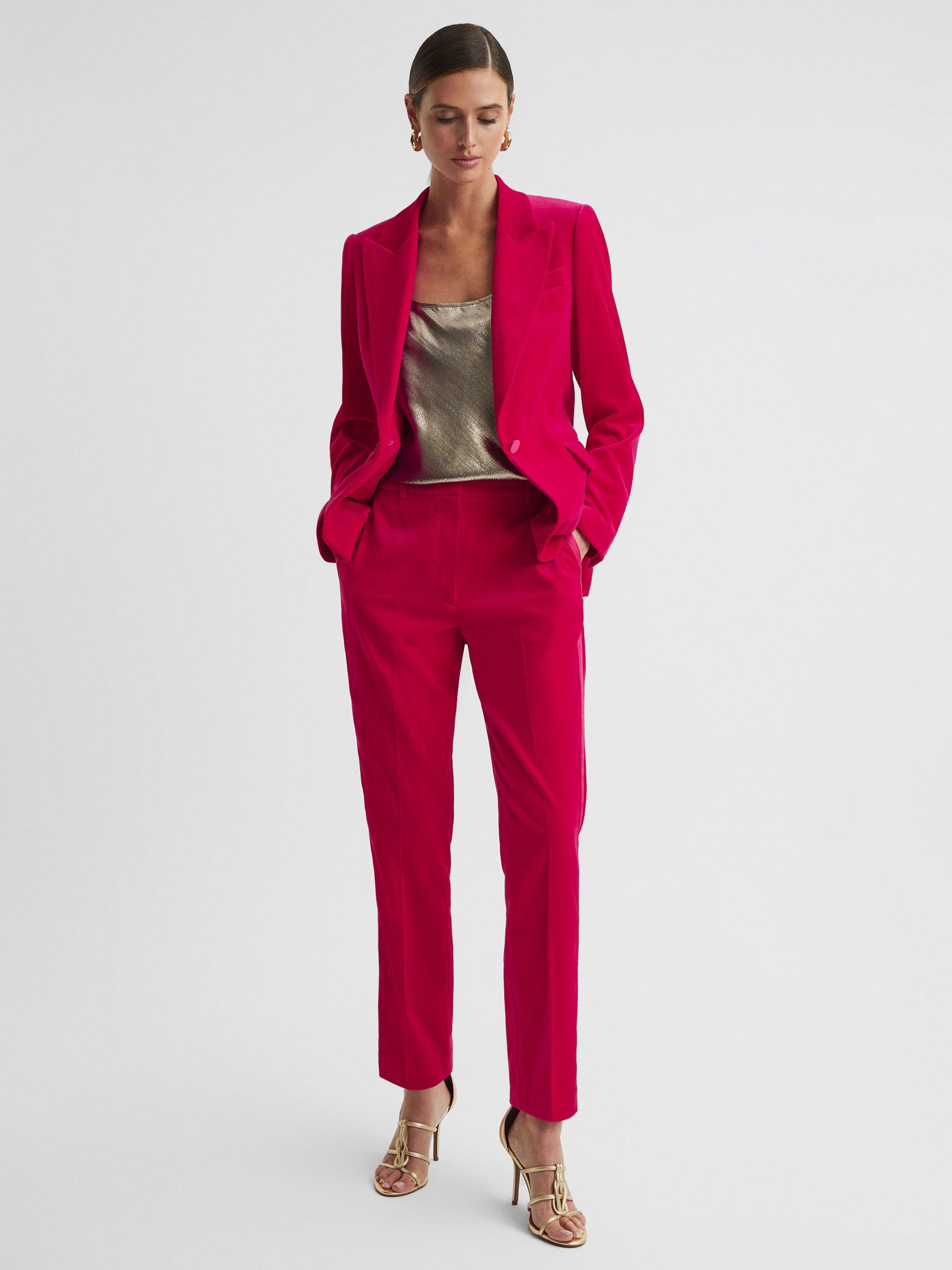 Velvet Tapered Suit Trousers in Pink