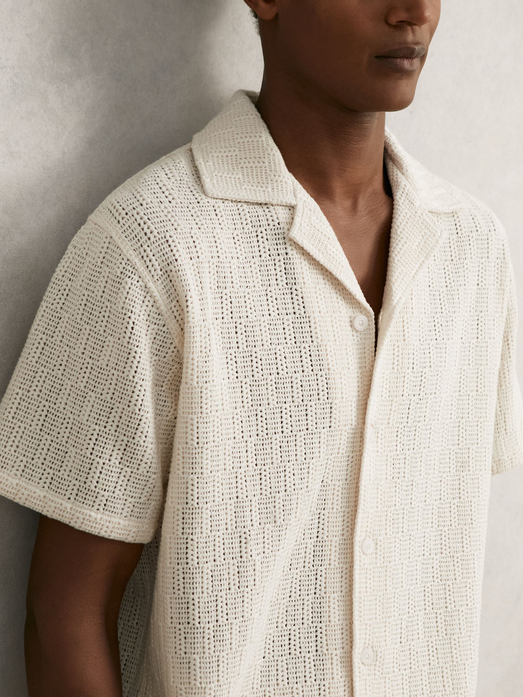 Cotton-Blend Crochet Shirt in Off White