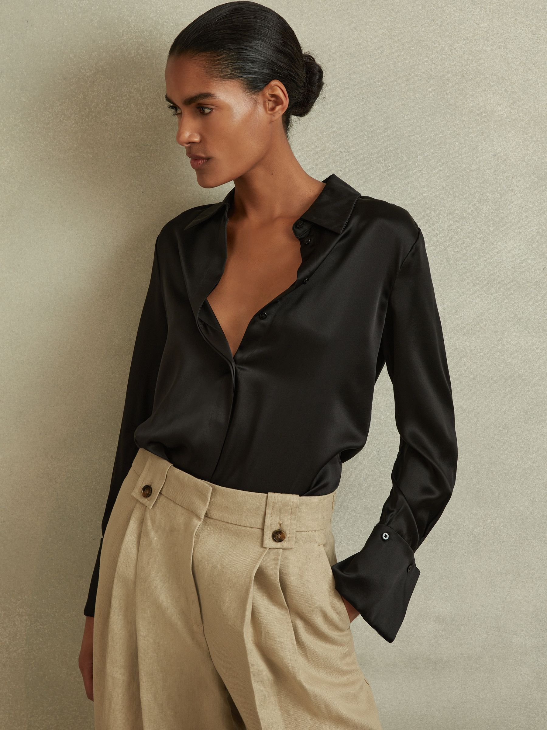 Silk Double-Cuff Button-Through Shirt in Black