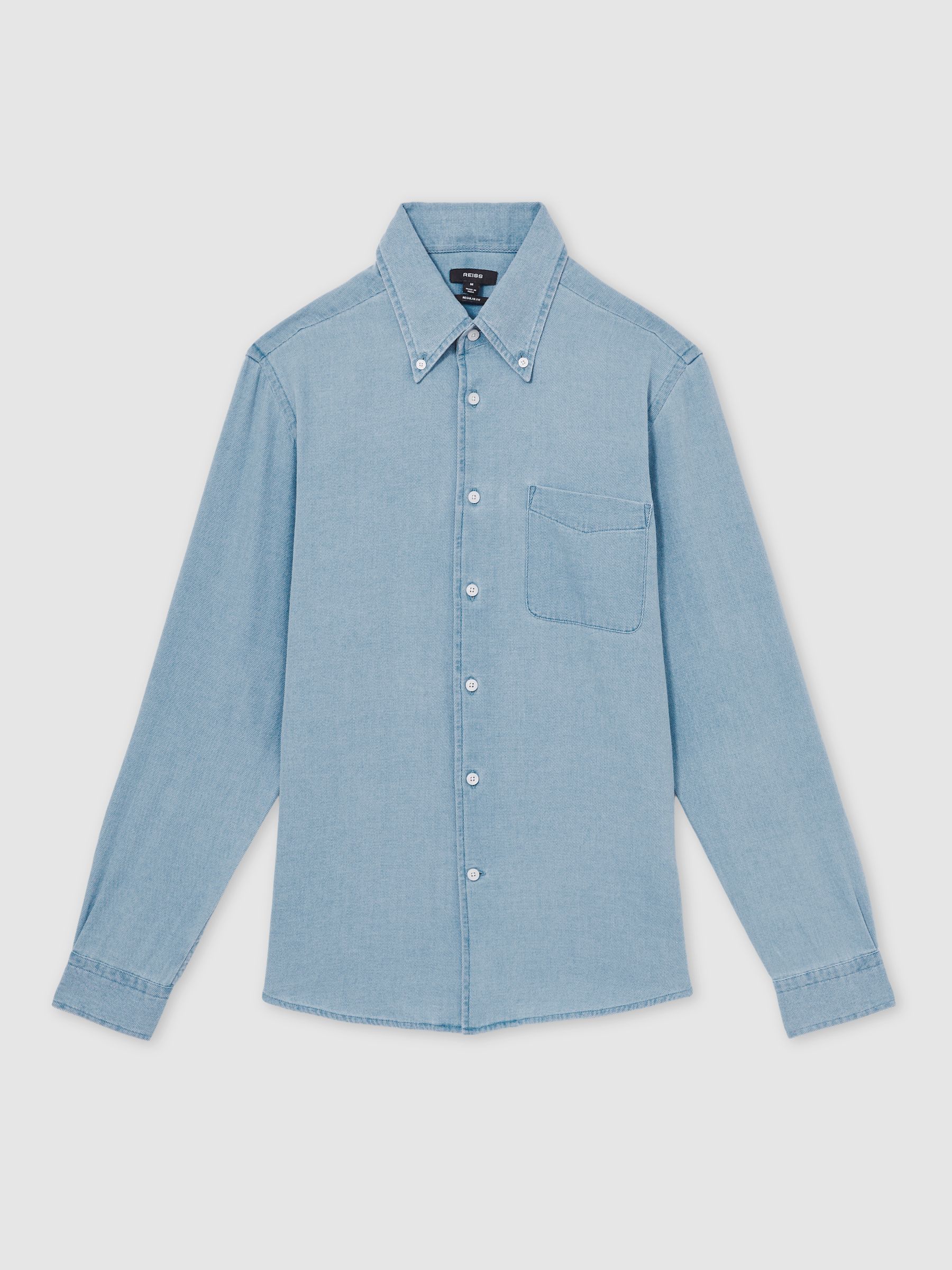 Cotton-Piqué Button-Down Chambray Shirt in Washed Blue