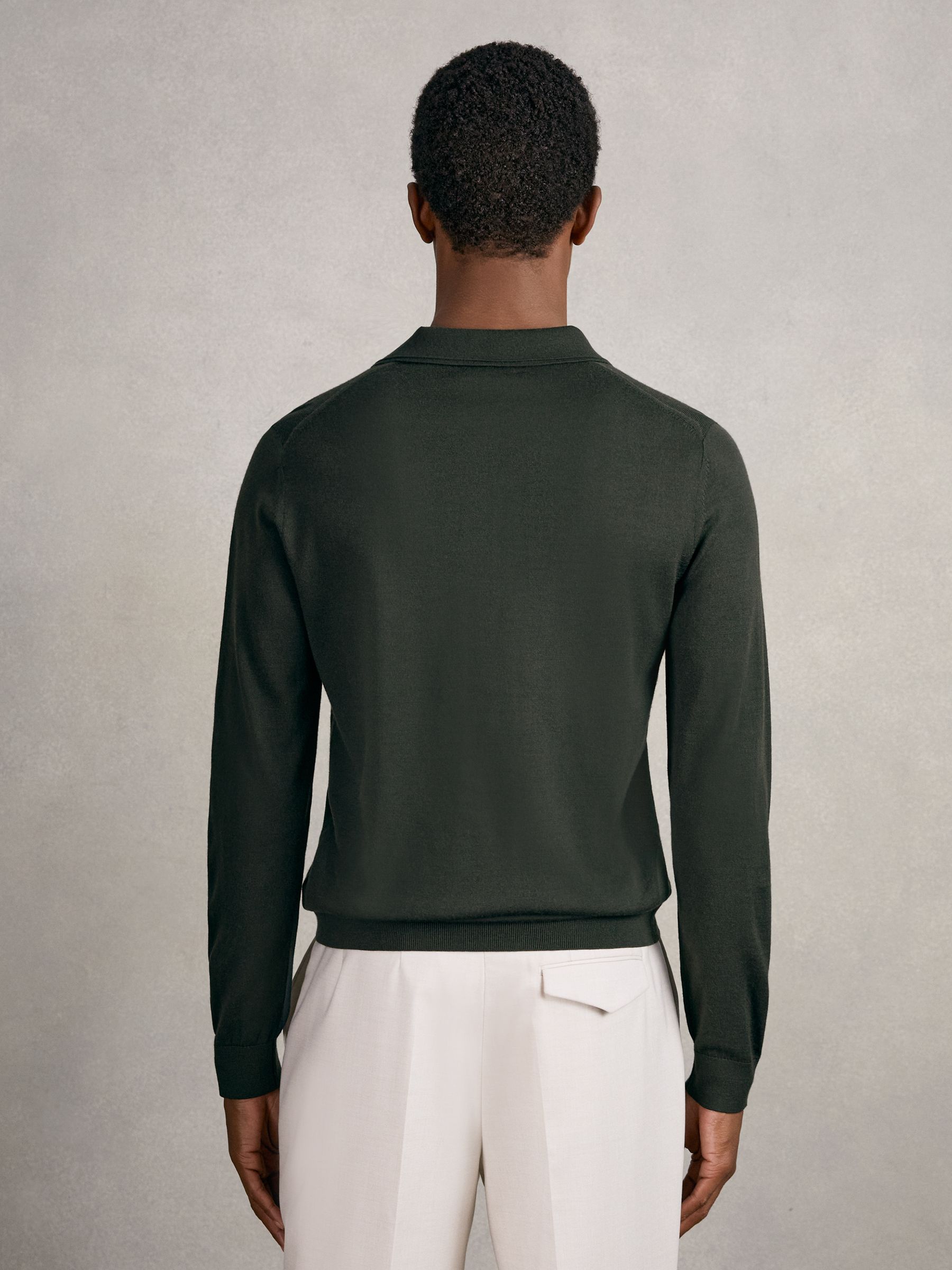 Merino Wool Long-Sleeve Polo Shirt in Dark Military Green