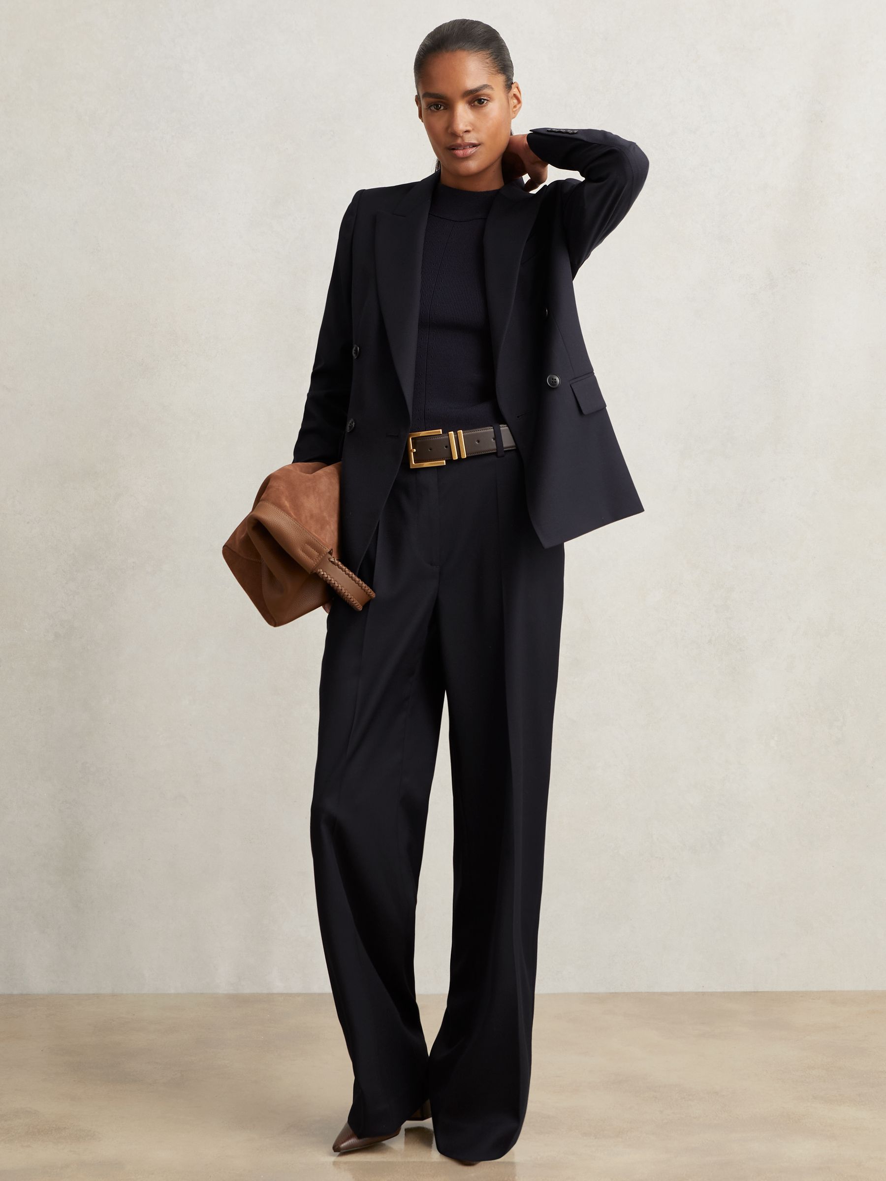 Petite Wool-Blend Wide-Leg Suit Trousers in Navy