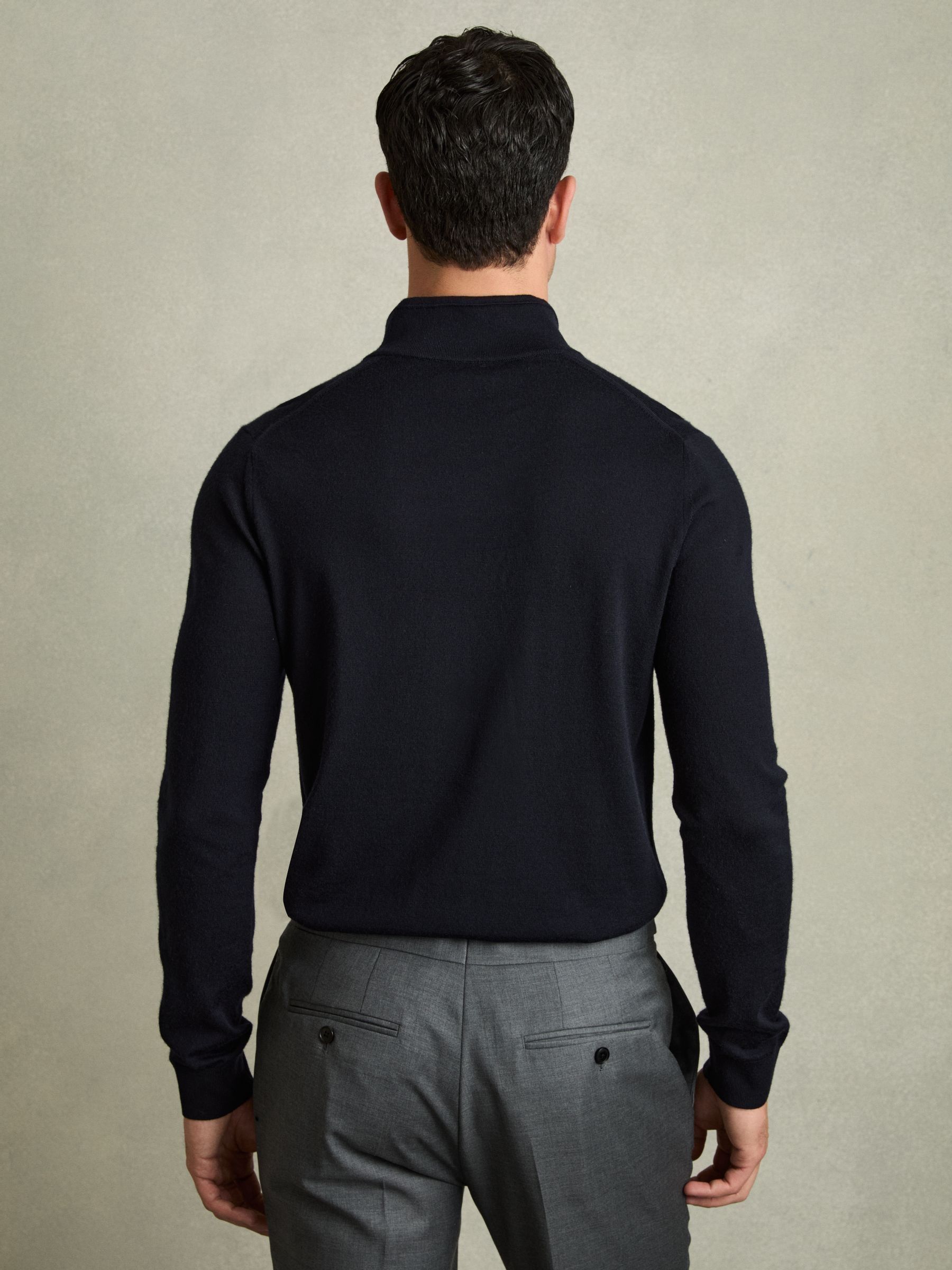 Merino Wool Half-Zip Funnel Neck Jumper in Navy