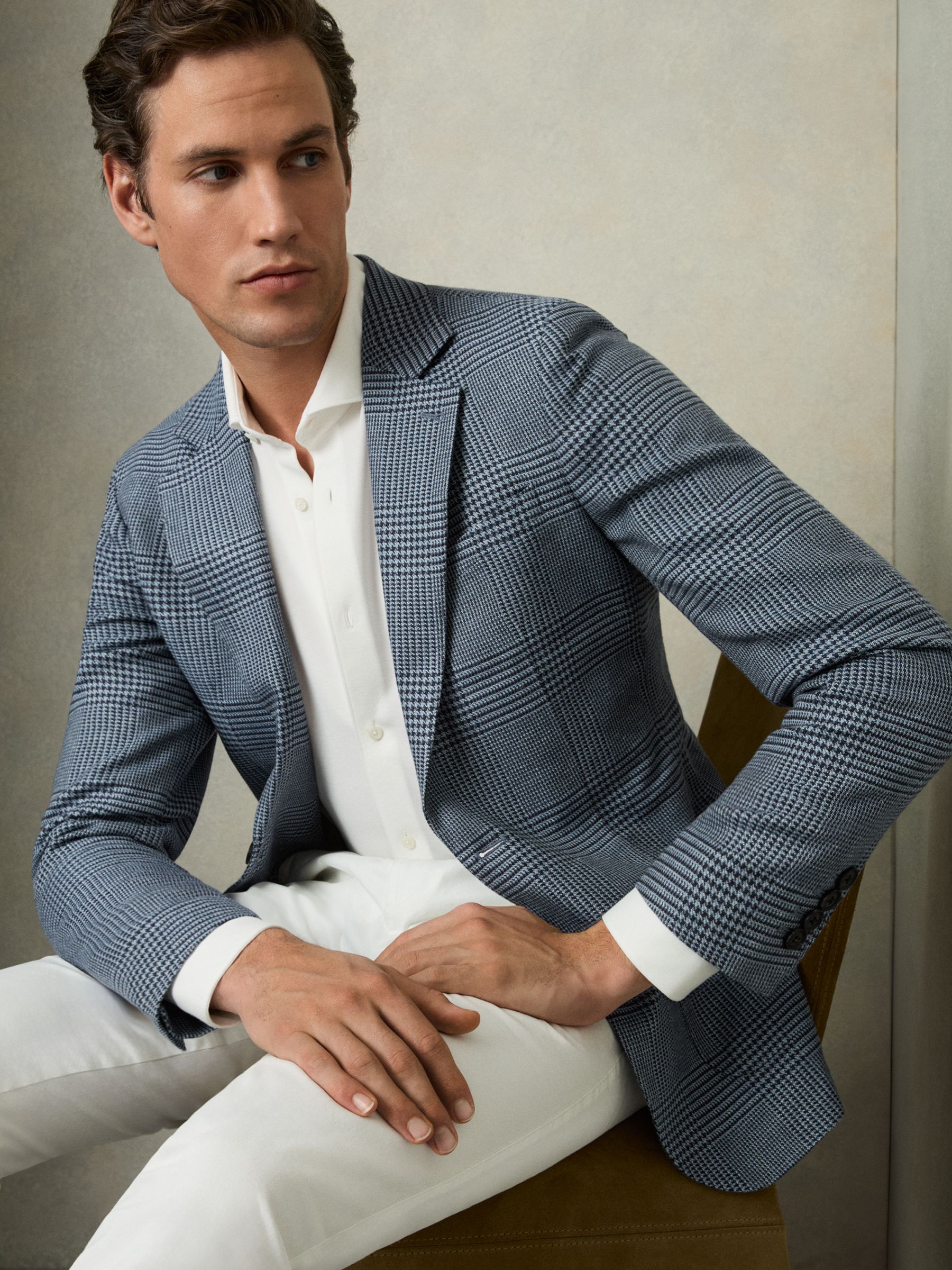 Regular-Fit Single-Breasted Check Blazer in Blue