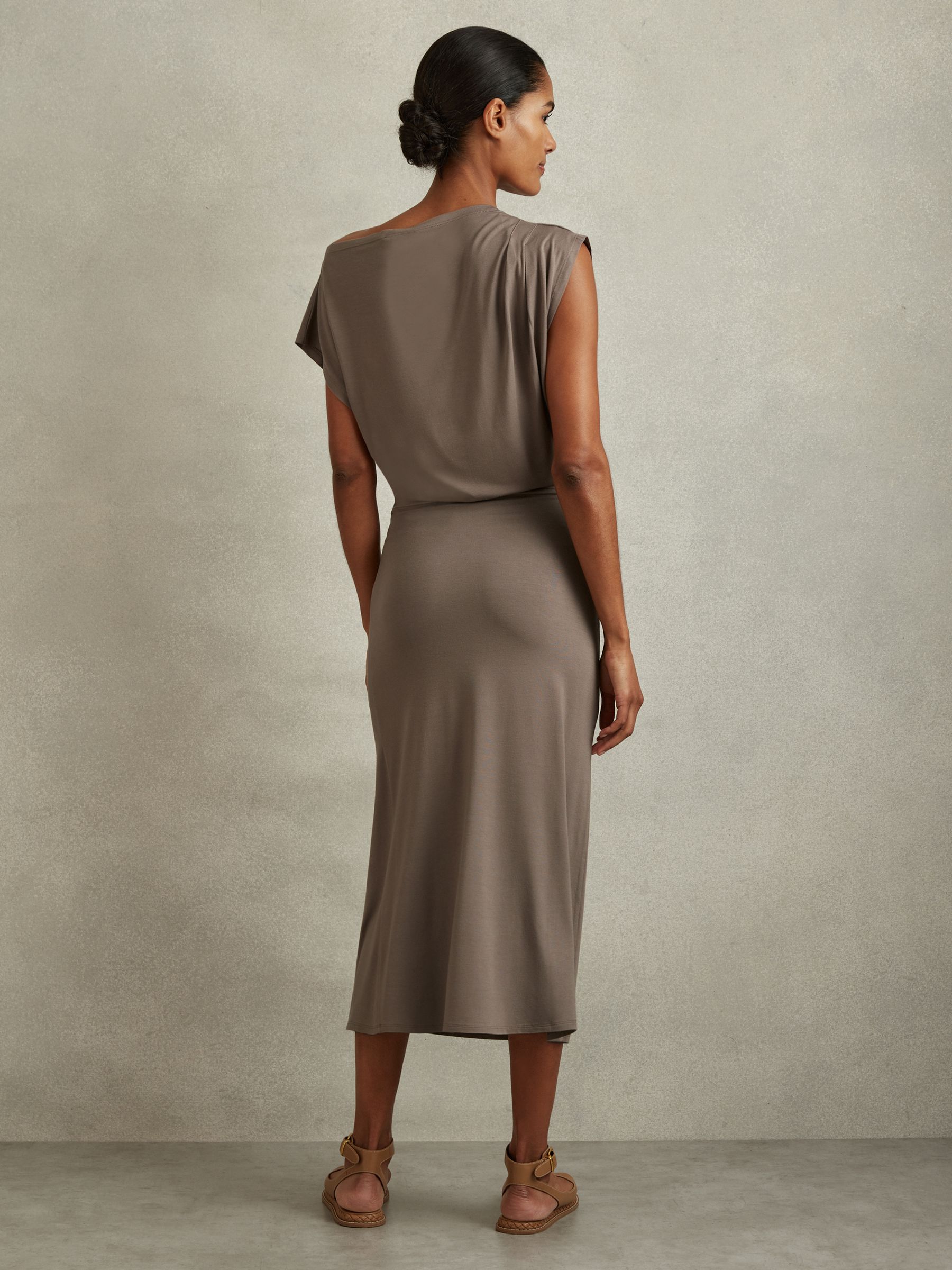 Ruched Jersey Midi Dress in Mocha