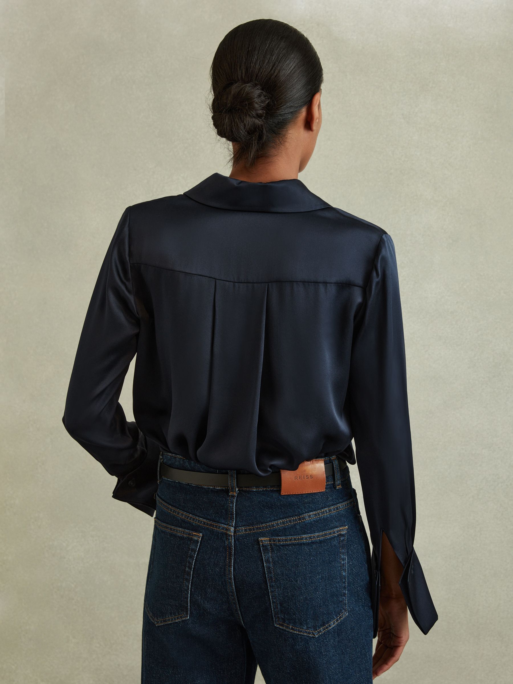 Silk Double-Cuff Button-Through Shirt in Navy