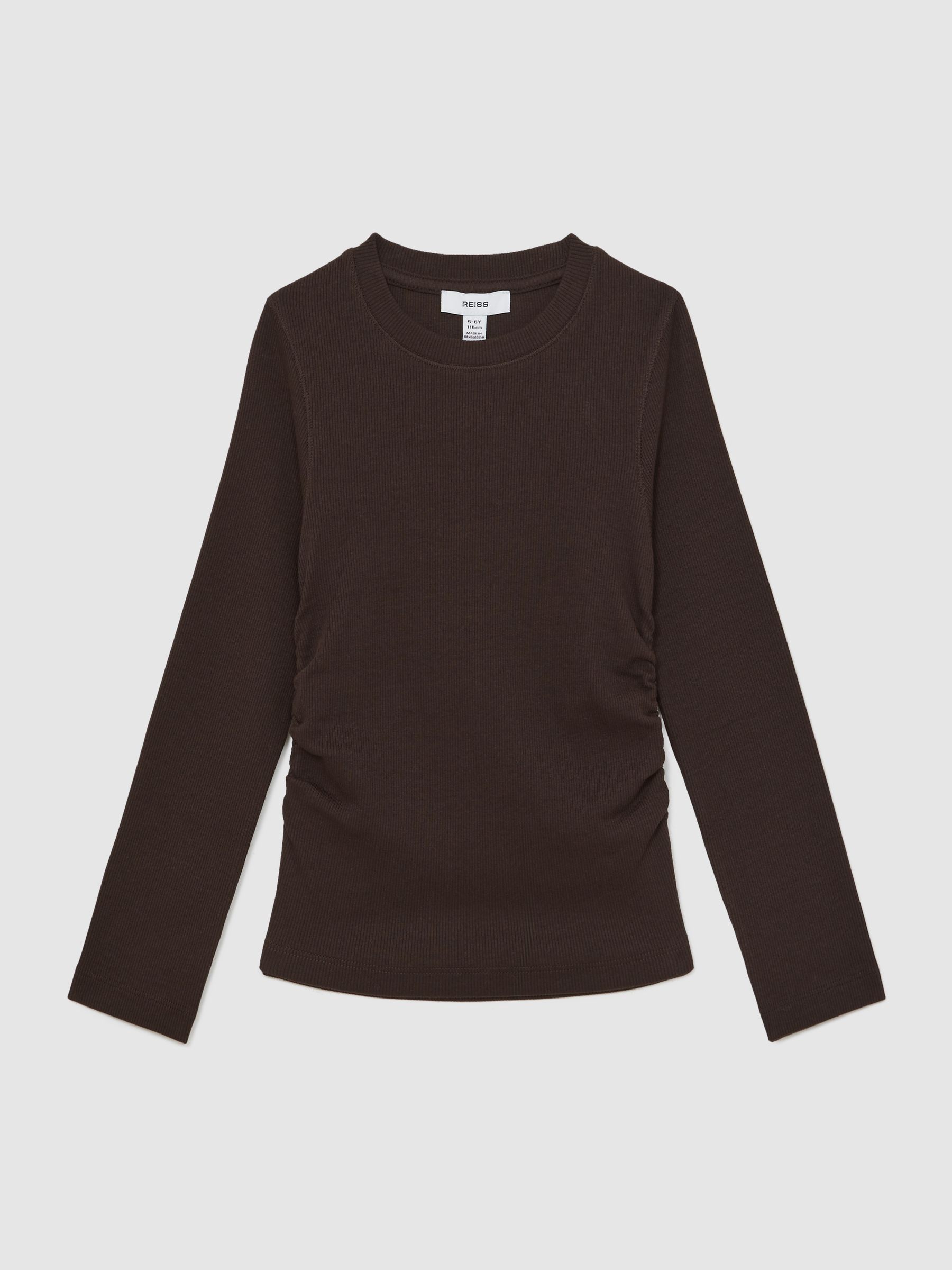 4-9 yrs Cotton Ruched Long-Sleeve T-Shirt with Stretch in Chocolate