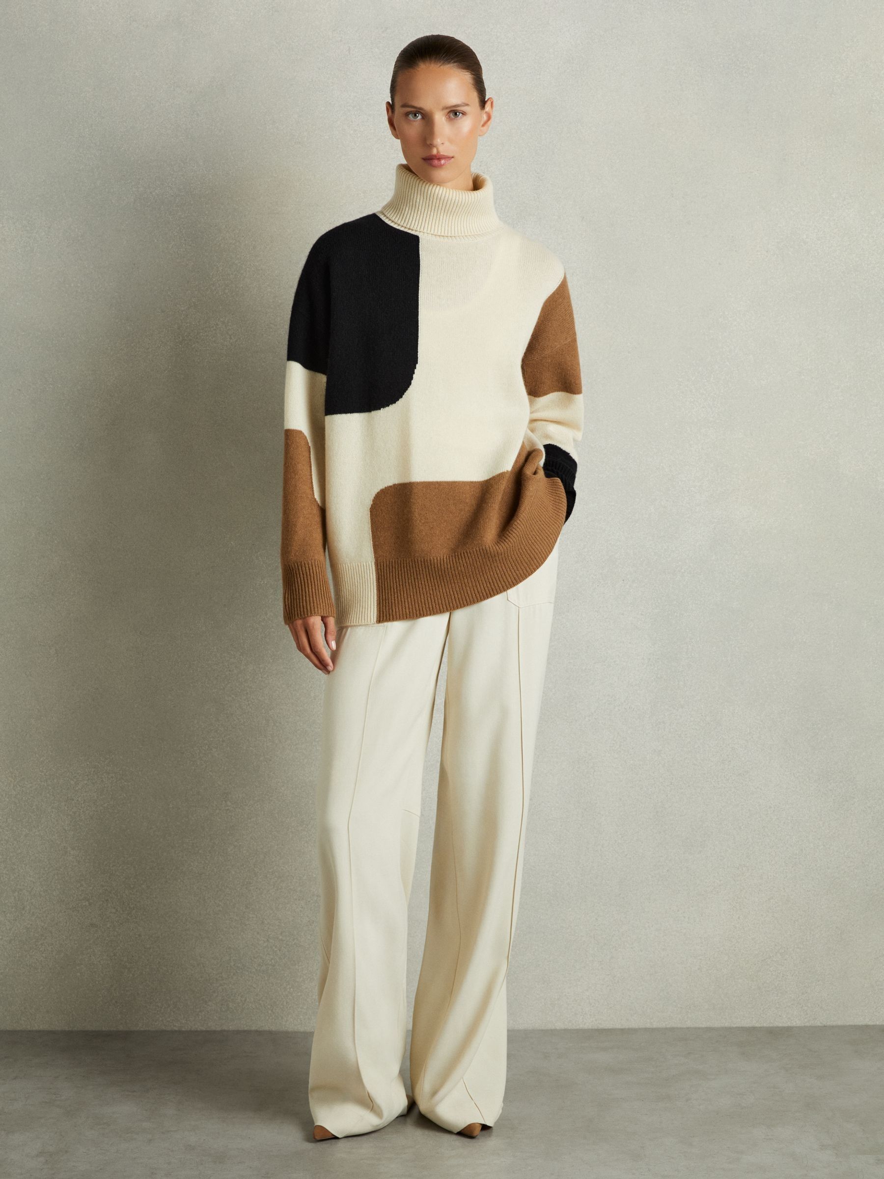 Wool-Cashmere Colourblock-Intarsia Jumper in Cream/Brown