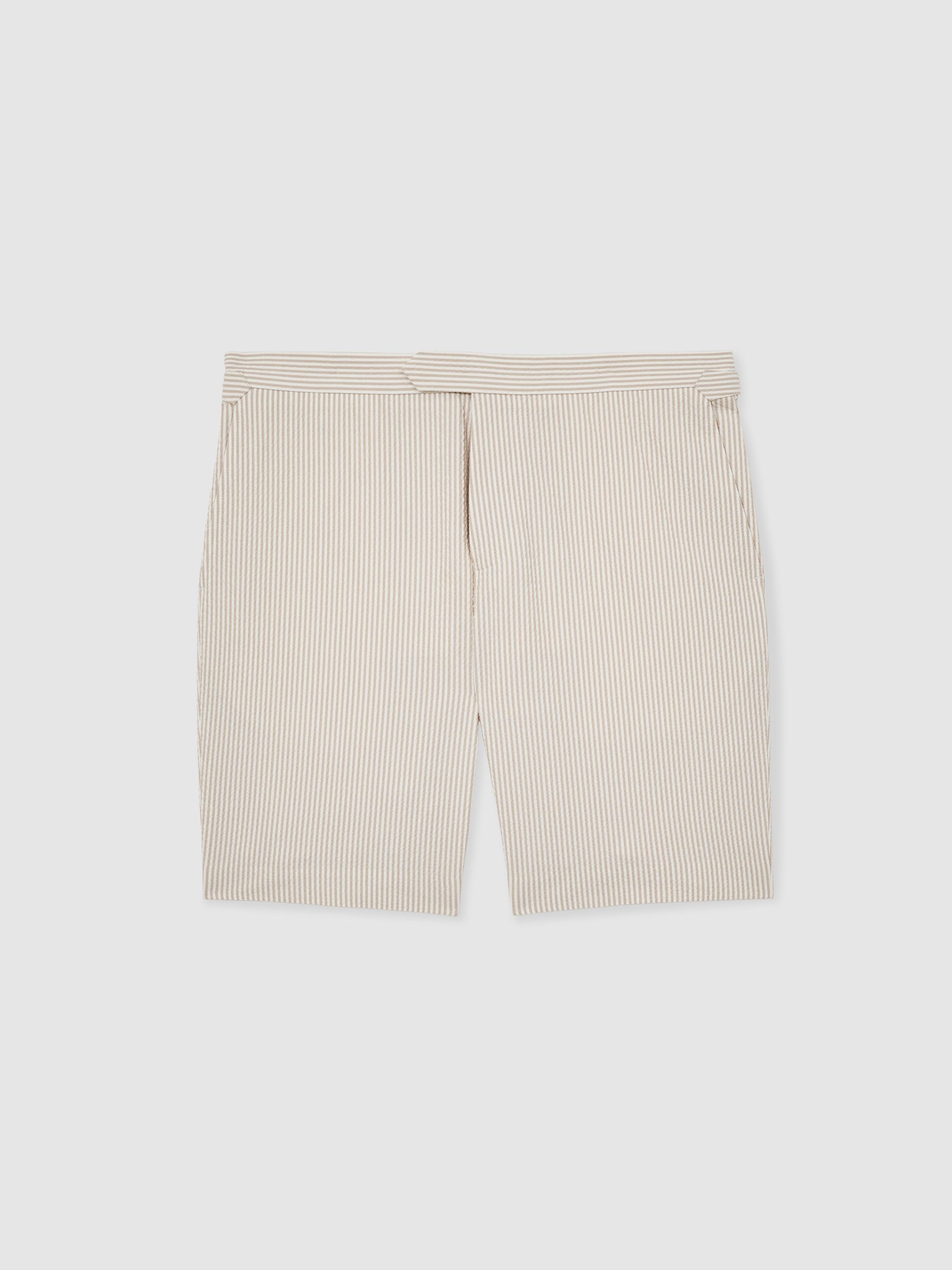 Seersucker Stripe Tailored Shorts in Oatmeal/White