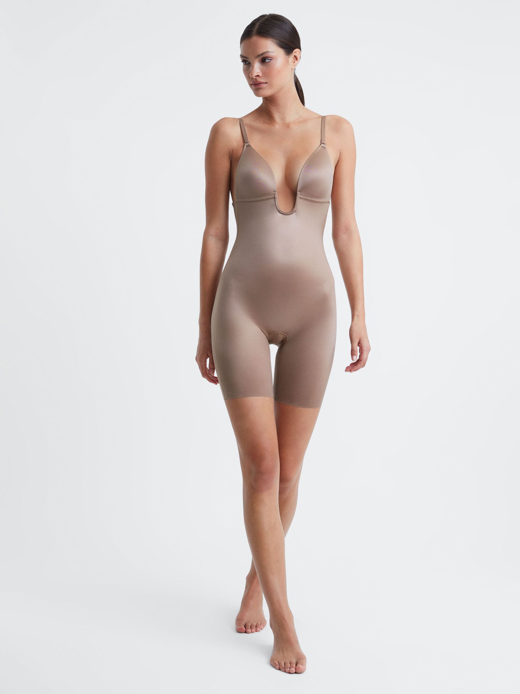 Spanx Shapewear Firming Plunge Low-Back Mid-Thigh Bodysuit in Cafe Au Lait