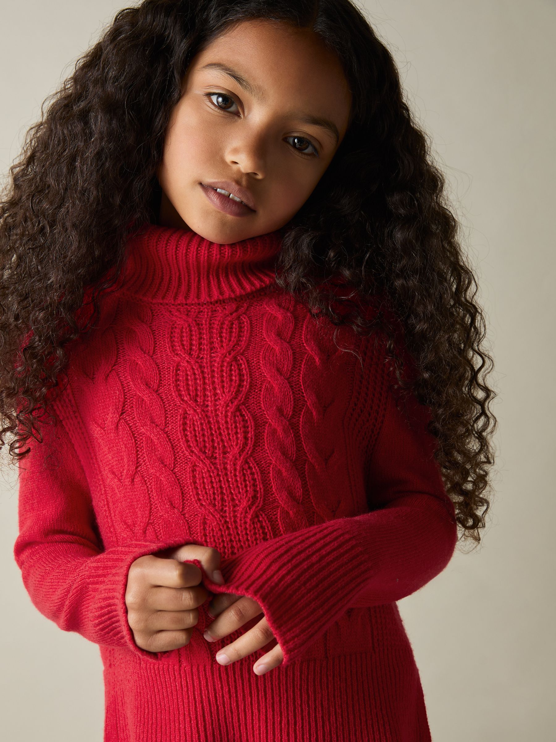 4-9 yrs Wool-Blend Cable-Knit Roll-Neck Jumper in Red
