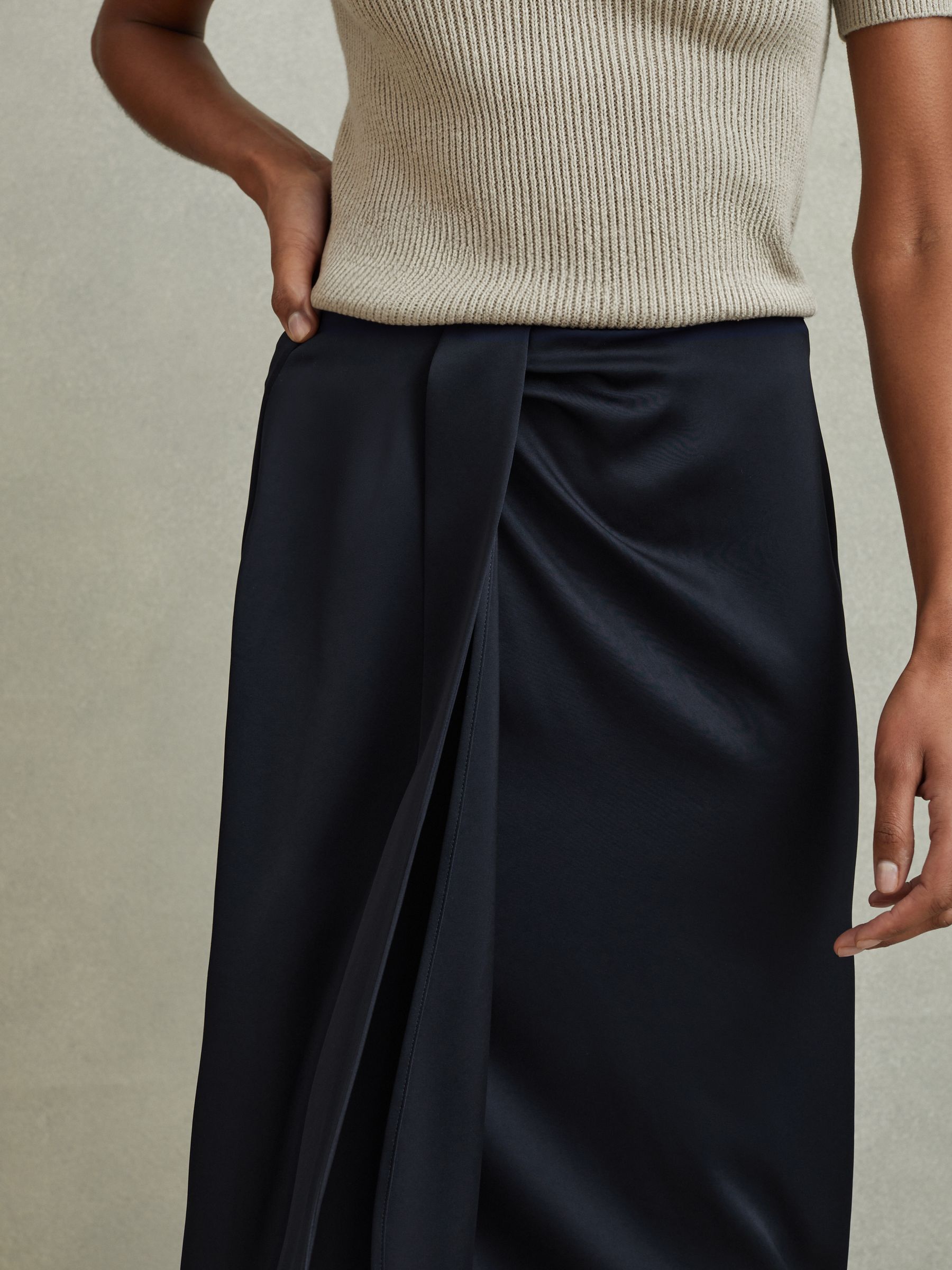 High Rise Wrap Midi Skirt in Navy