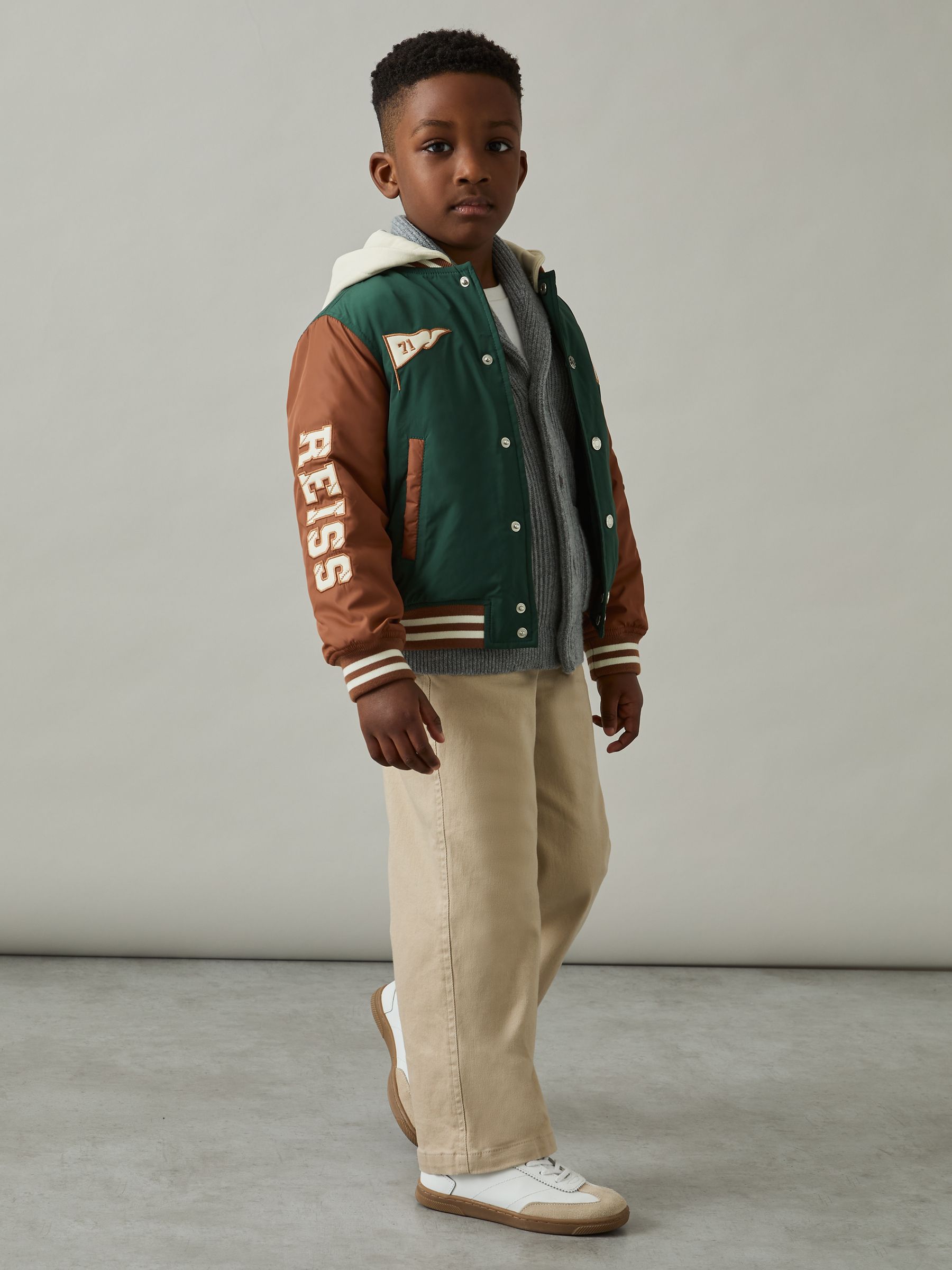 3-9 yrs Home-Run Colourblock Bomber Jacket in Green/Tobacco Brown