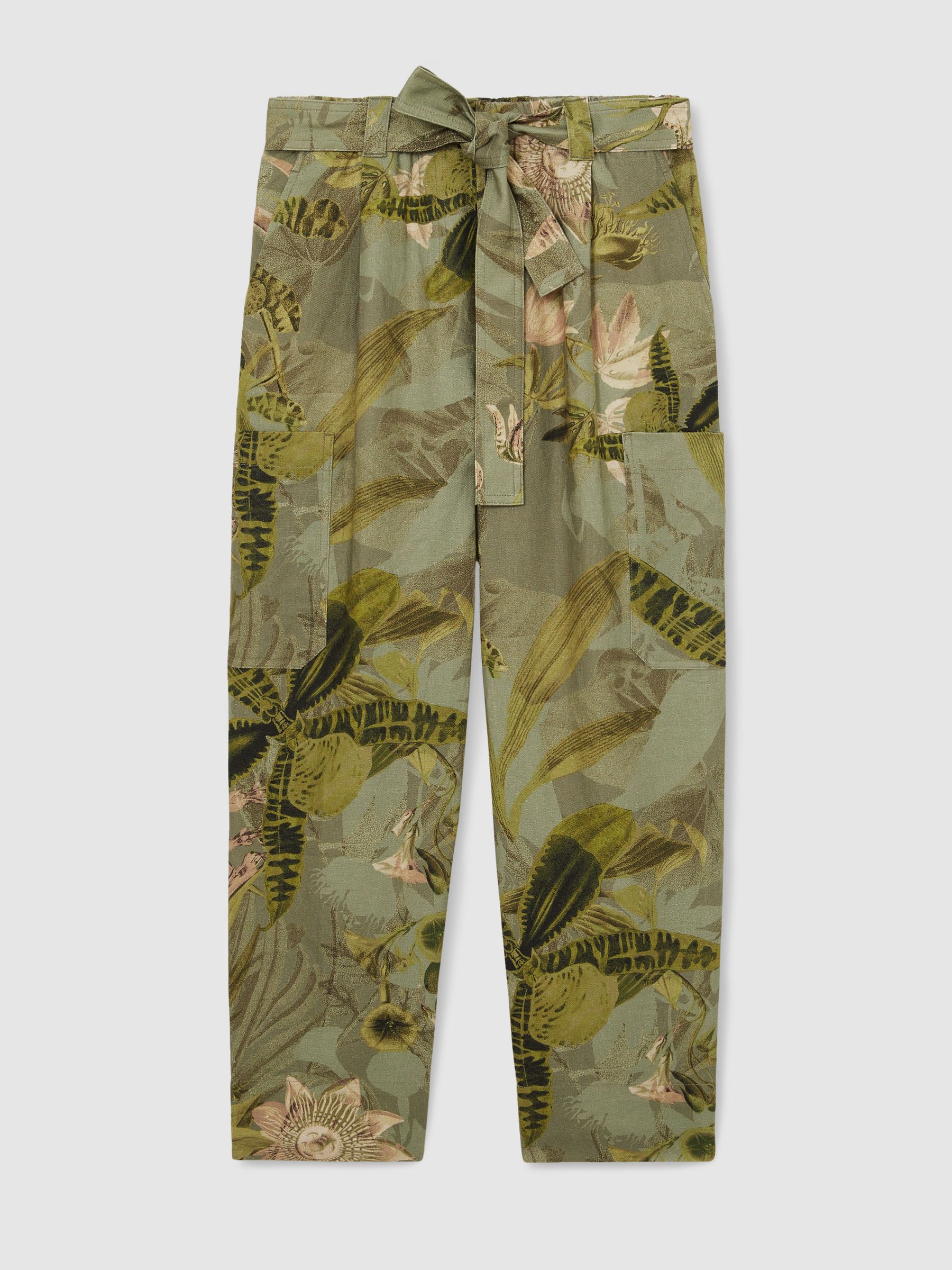 Reiss | NYBG Linen Floral Tapered Trousers in Khaki