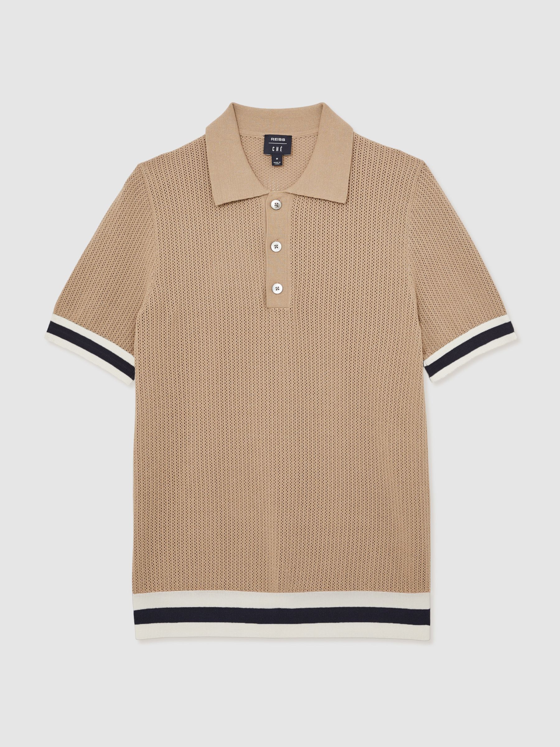 Reiss | Ché Cotton Knit Polo Shirt in Camel Brown