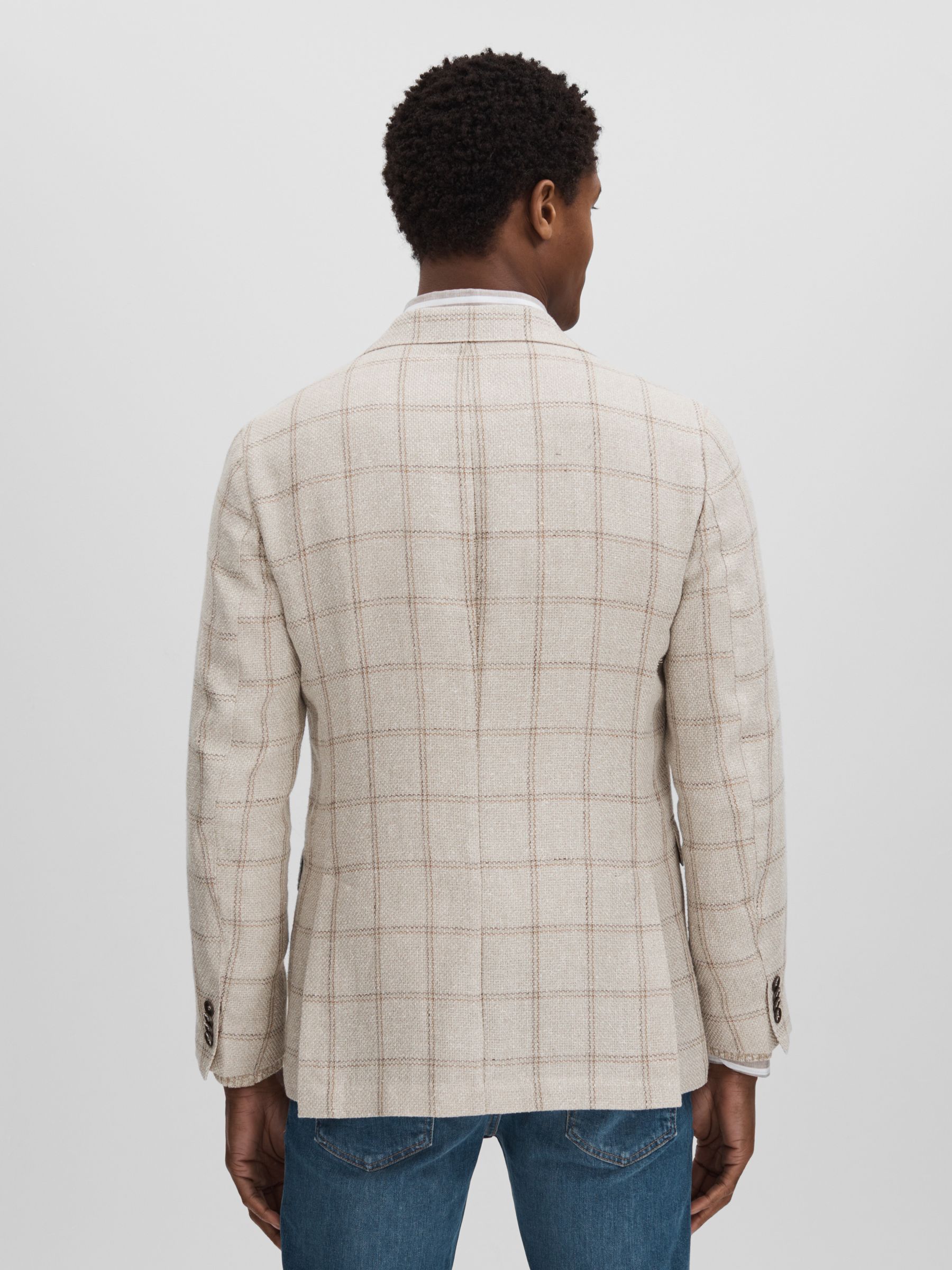 Oscar Jacobson Linen Blend Single Breasted Check Blazer in Cream