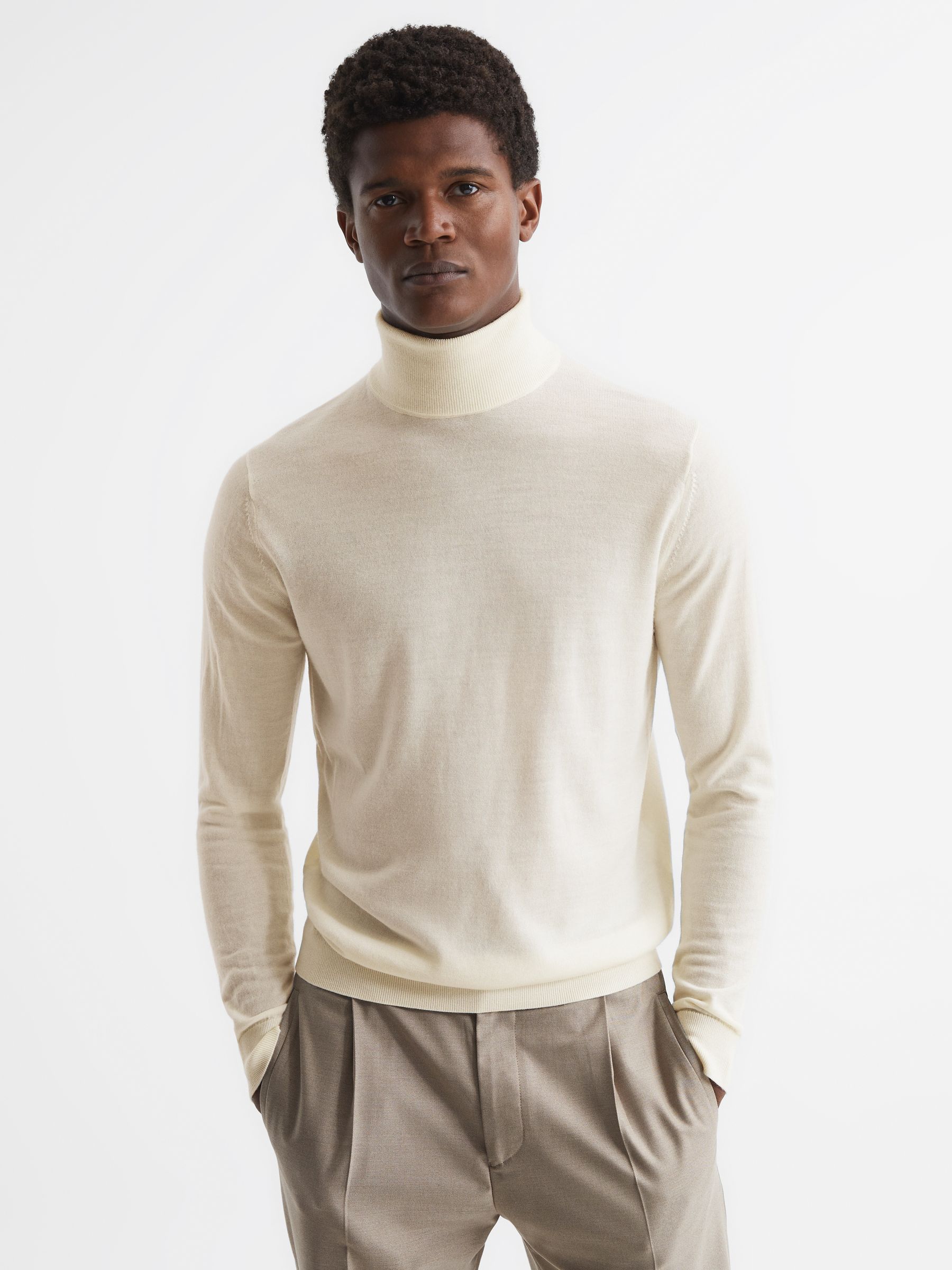 Slim Fit Merino Wool Roll Neck Jumper in Bianco