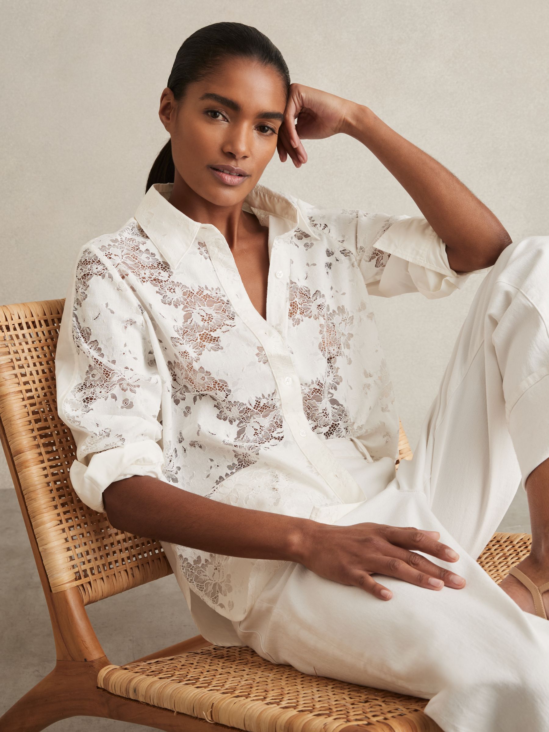 Lace-Front Shirt With Cotton in Ivory