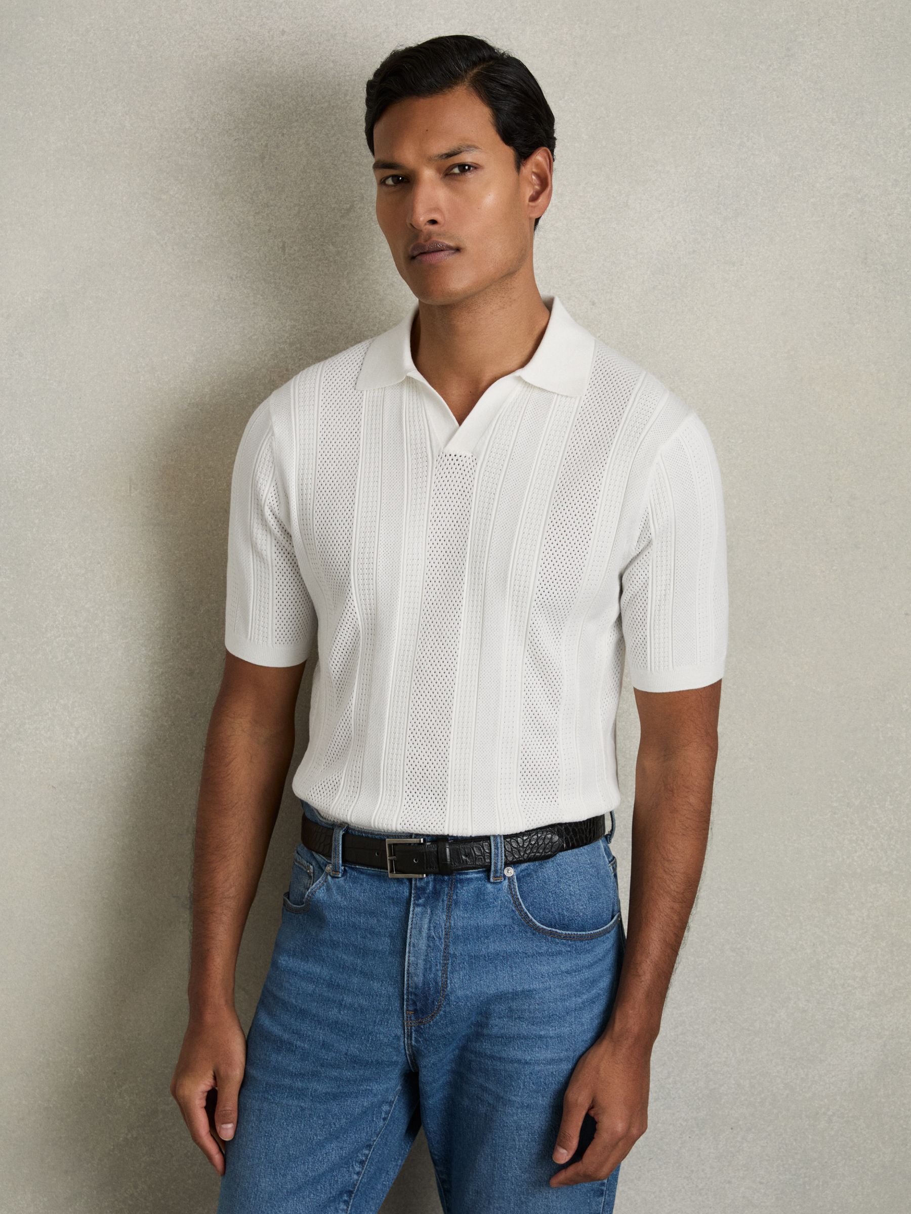 Textured-Stripe Knitted Polo Shirt in White