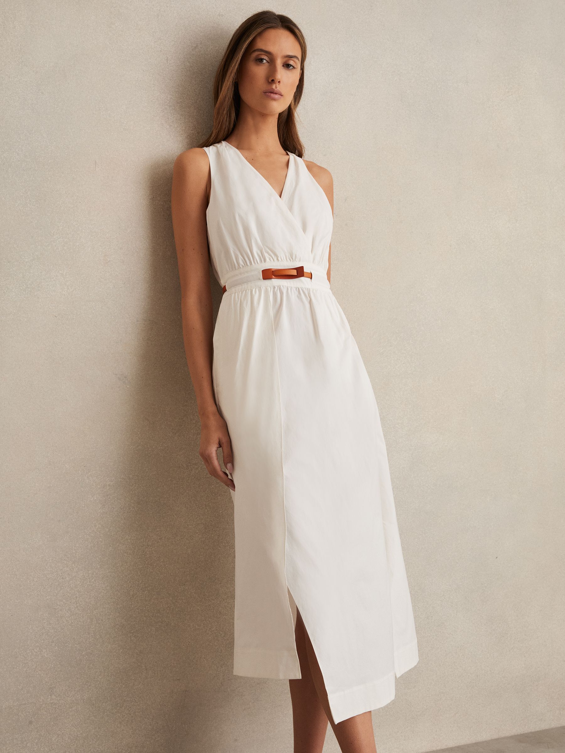Poplin Belted Split Midi Dress in Ivory