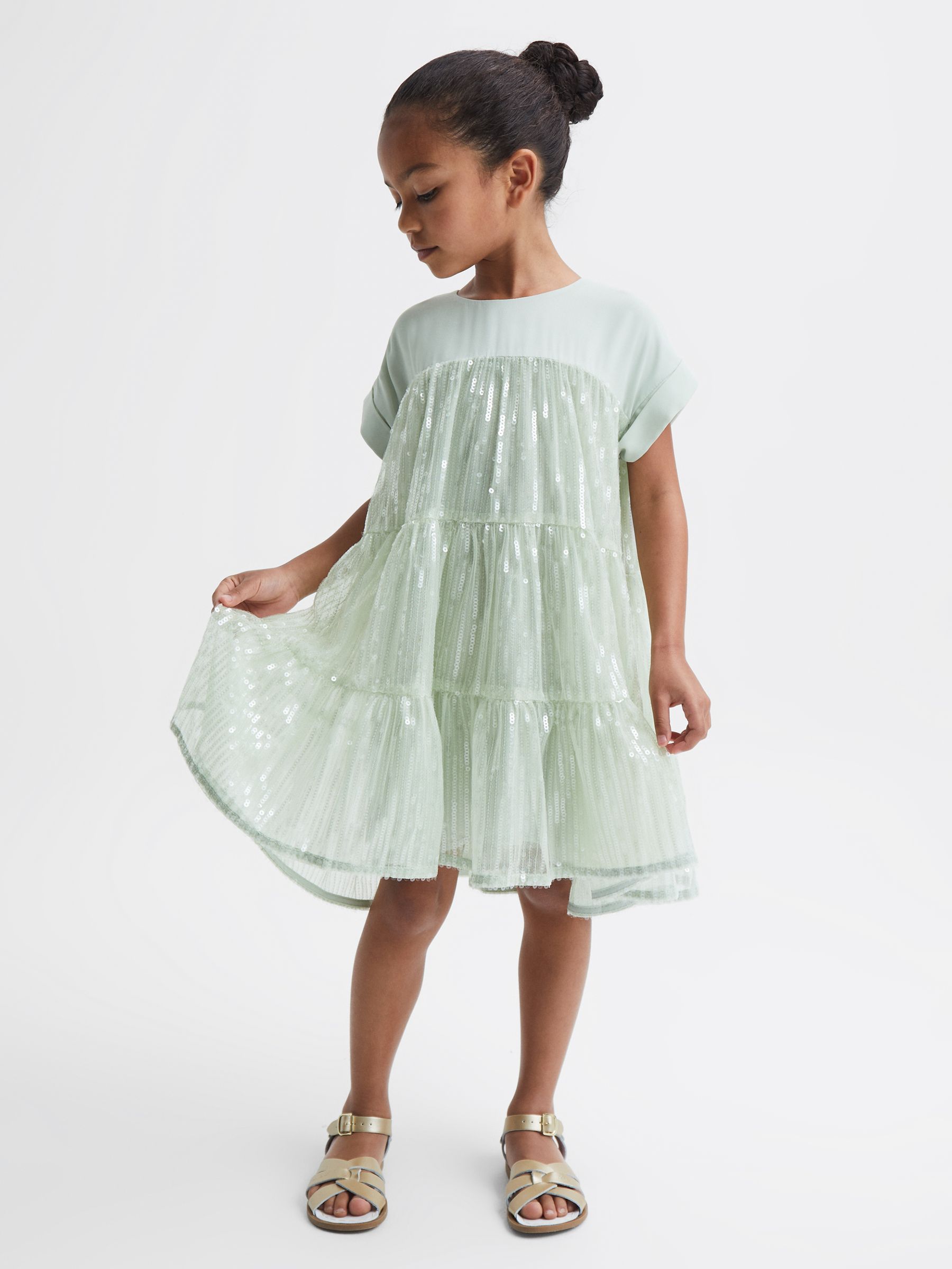 9-12 yrs Sequin Tiered Dress in Sage