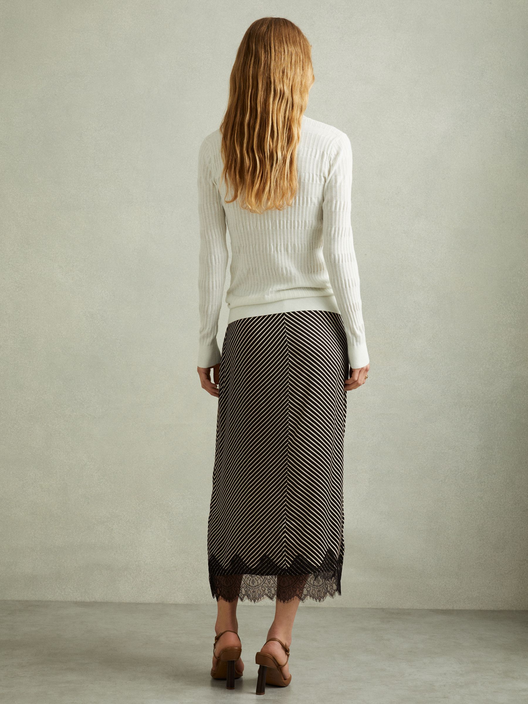 Ivy Black/Ivory Striped Lace Trim Midi Skirt