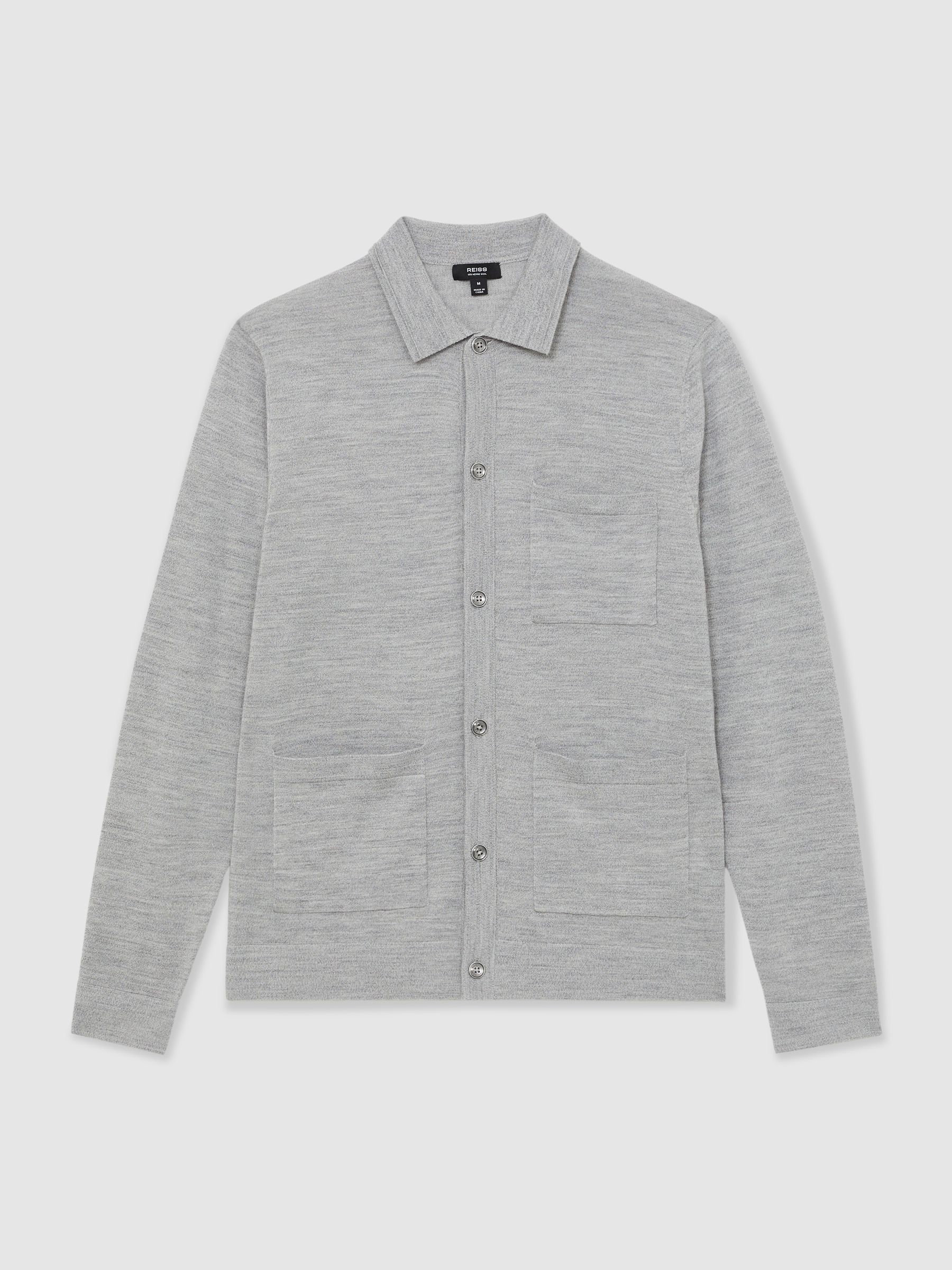 Merino Wool Button-Through Shirt in Soft Grey Mouline