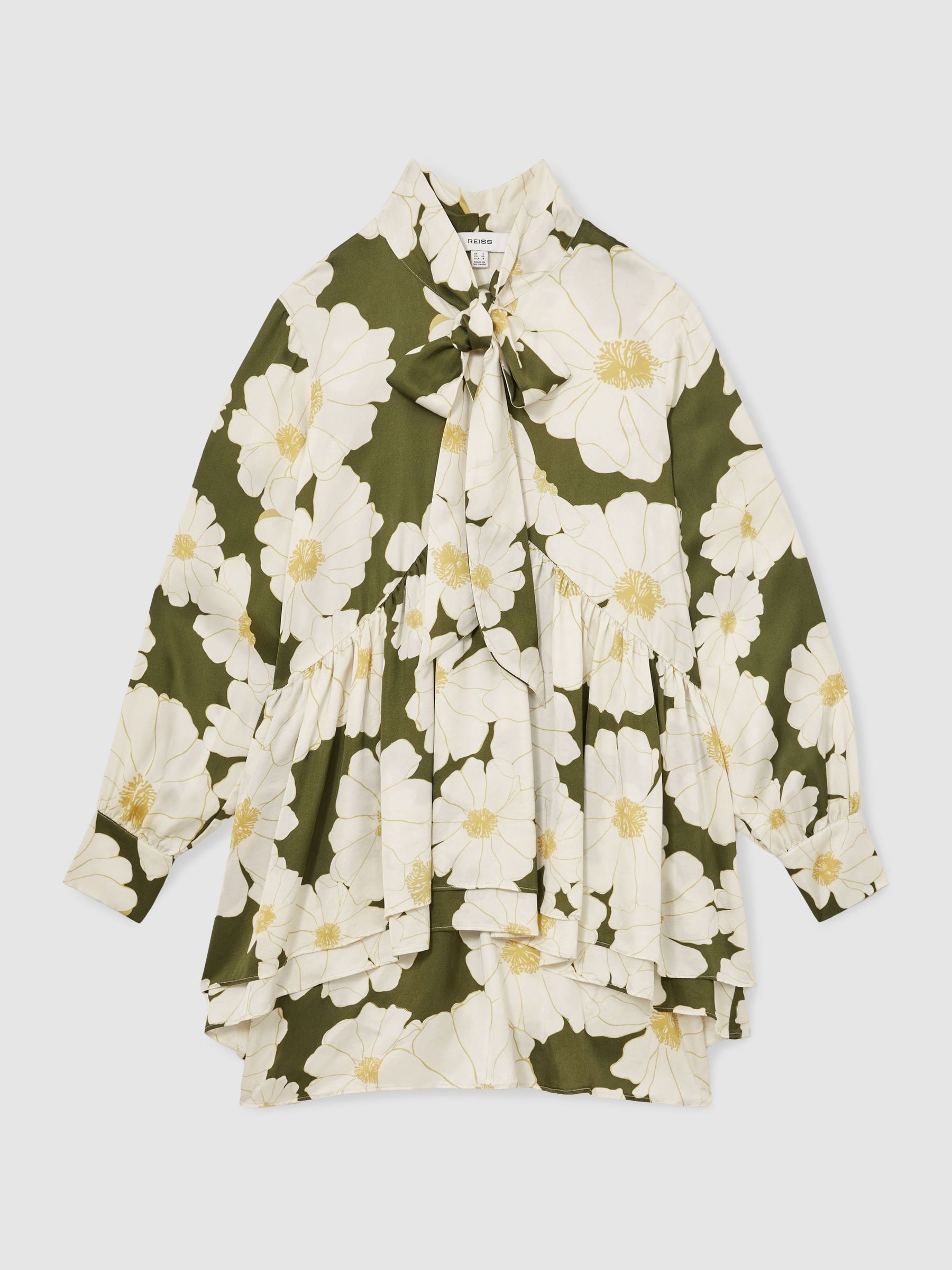 Floral Tie-Neck Swing Dress in Ivory/Green