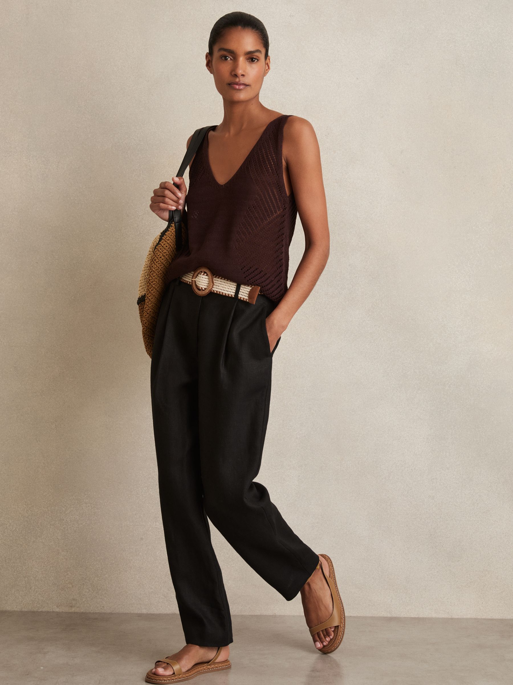 Petite Linen Belted Tapered Trousers in Black