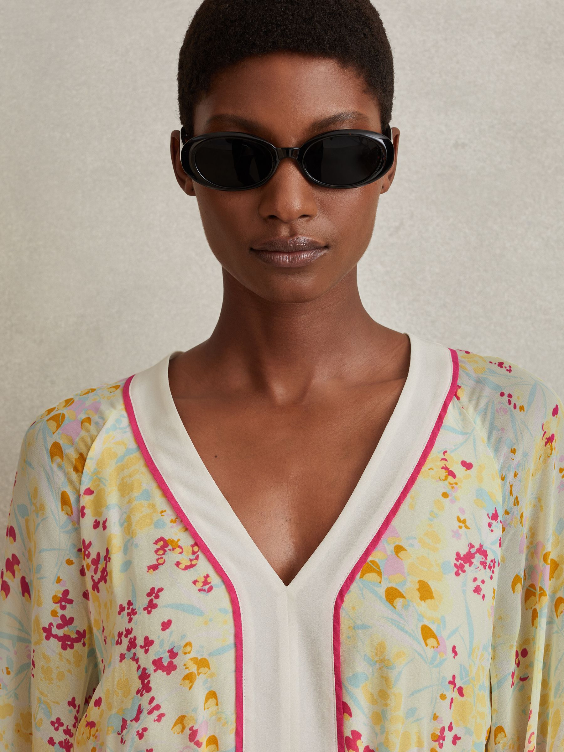 Floral Print Puff Sleeve Mini Dress in Pink/Yellow