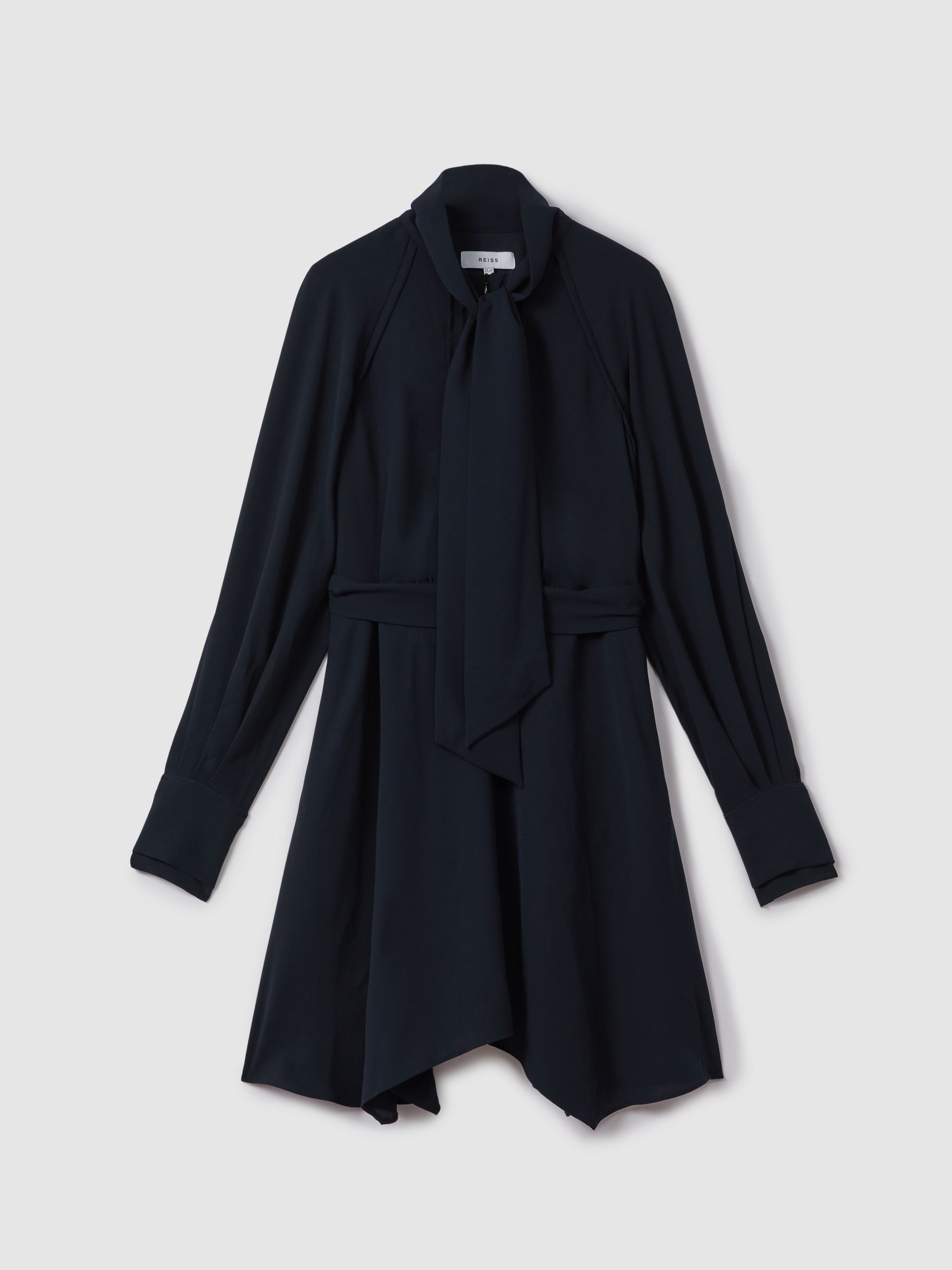 Tie Neck Zip Front Mini Dress in Navy