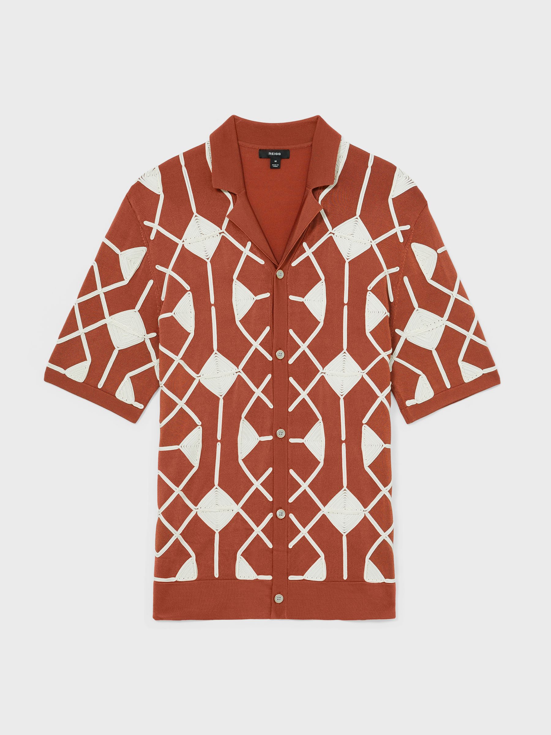 Geometric Embroidery Knit Shirt in Paprika Red