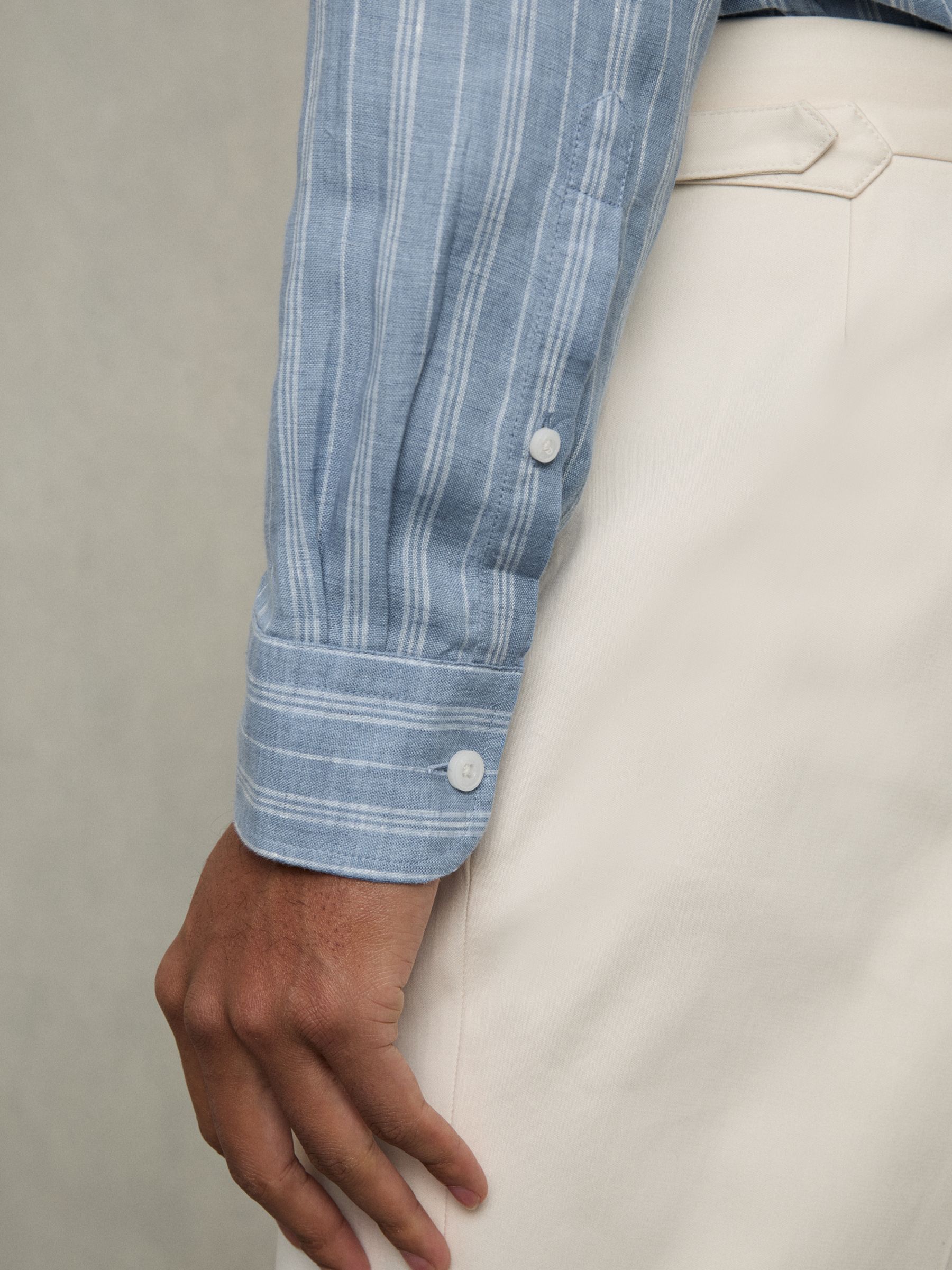 Linen Striped Long Sleeve Shirt in Airforce Blue/White Bengal Stripe