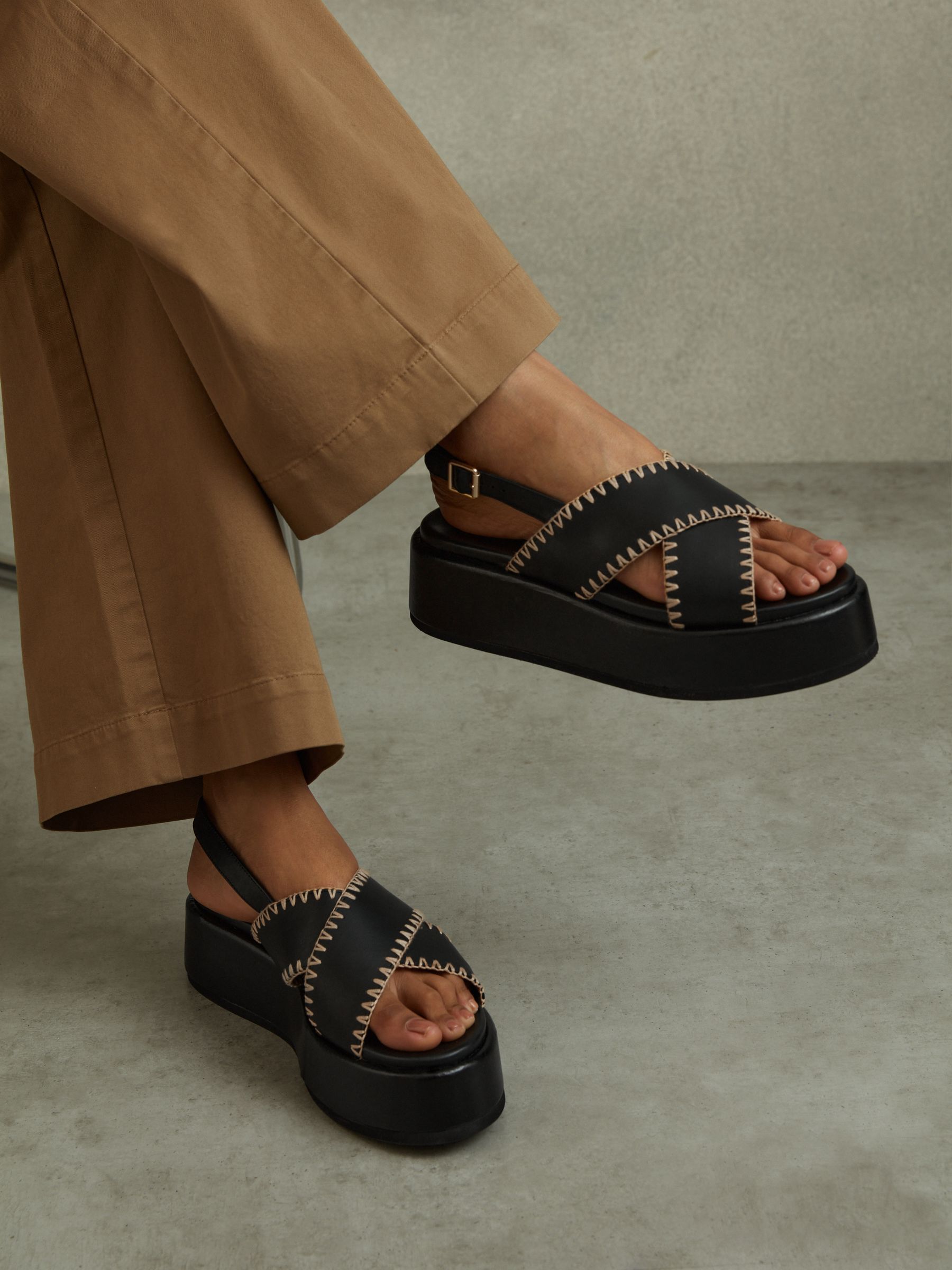 Leather Raffia Stitch Platform Sandals in Black