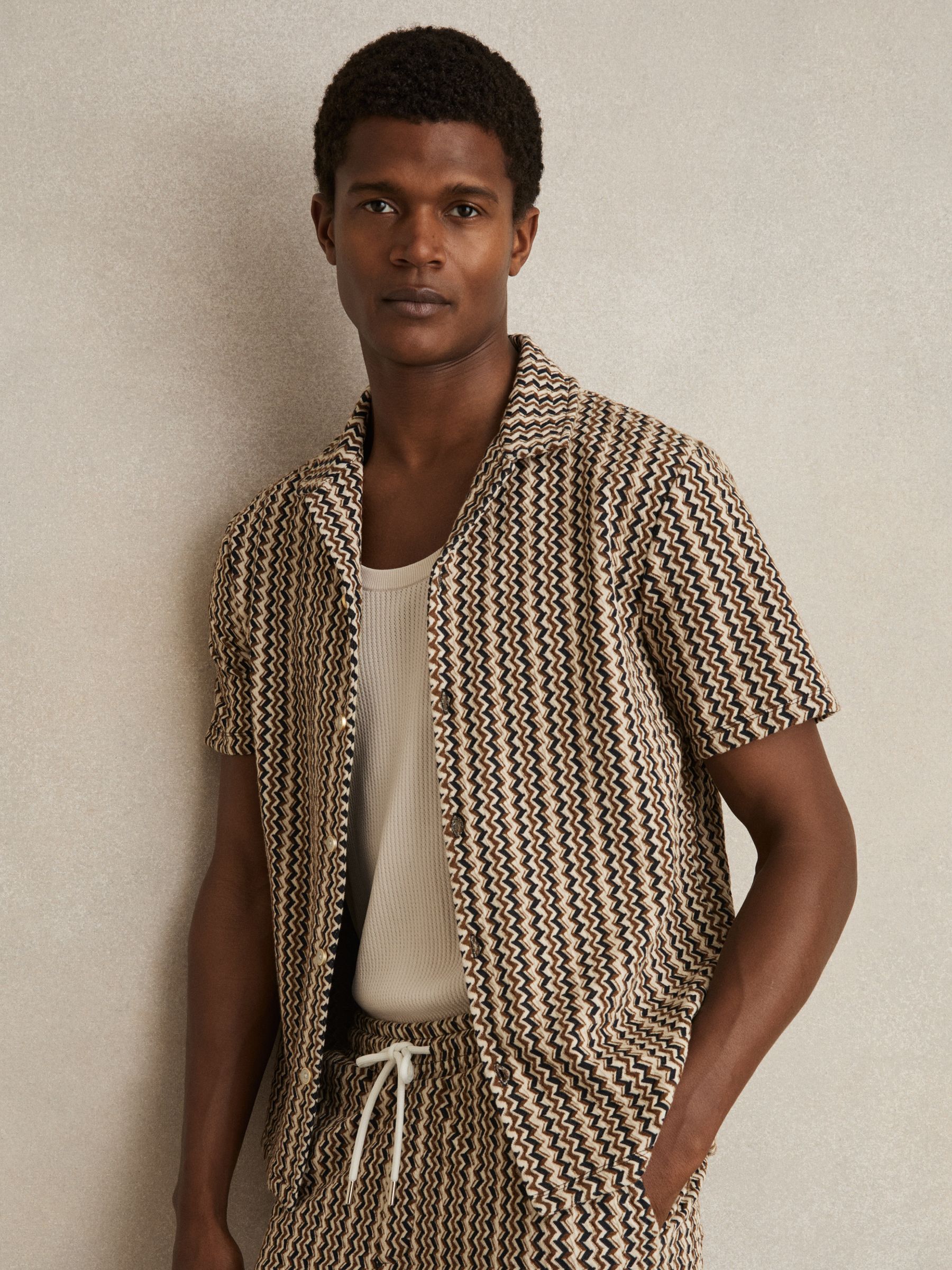 Zig-Zag Knit Cuban-Collar Shirt in Tobacco Brown
