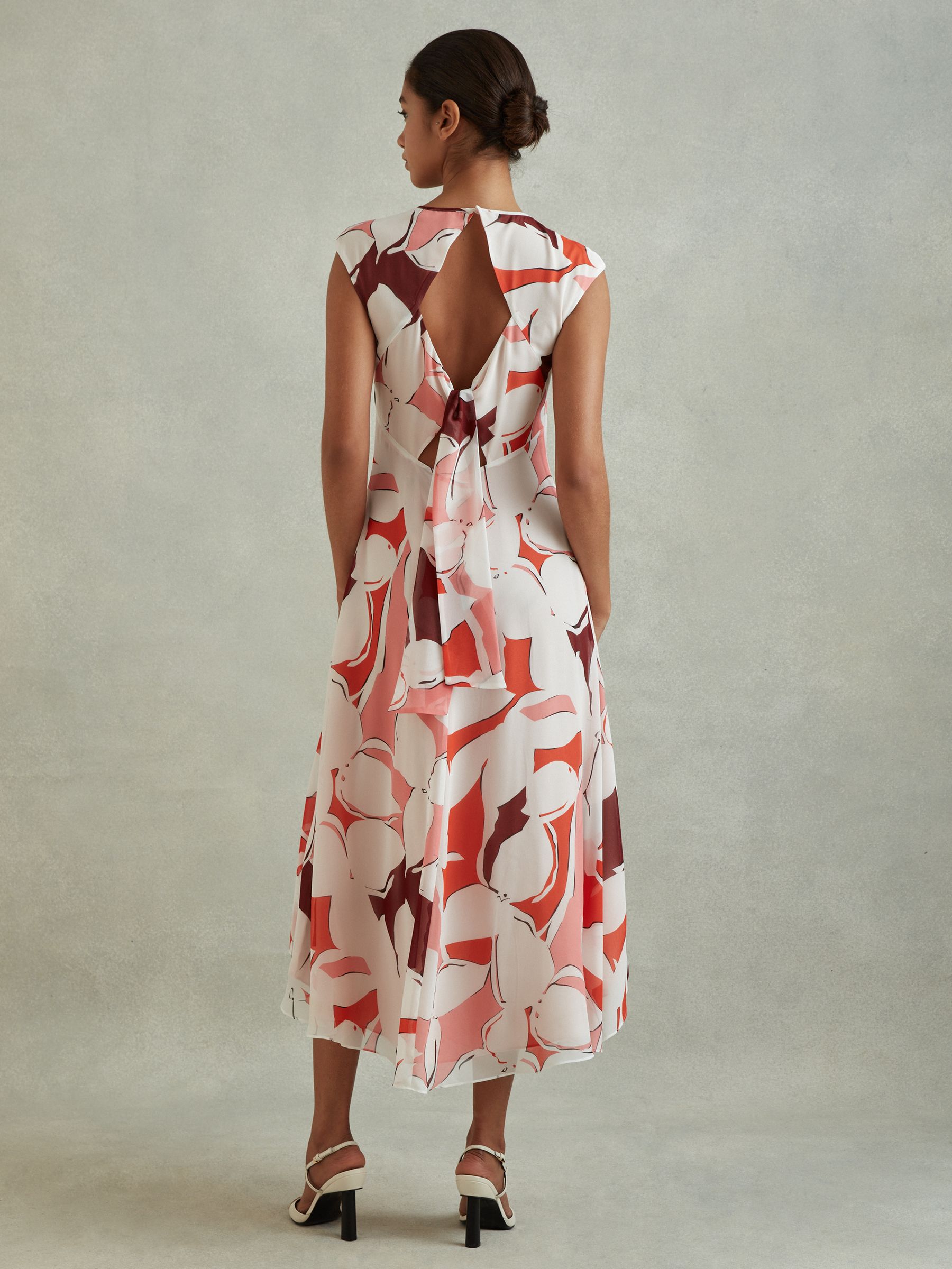 Printed Open Back Midi Dress in Red