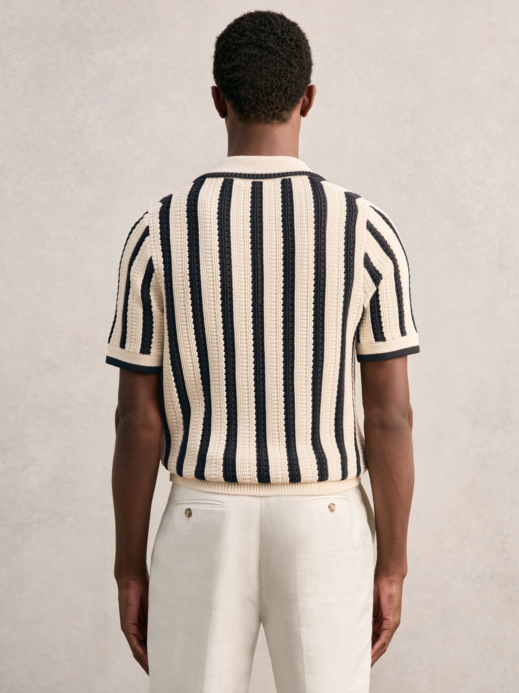 Cotton Blend Stripe Knit Polo Shirt in Off White/Navy