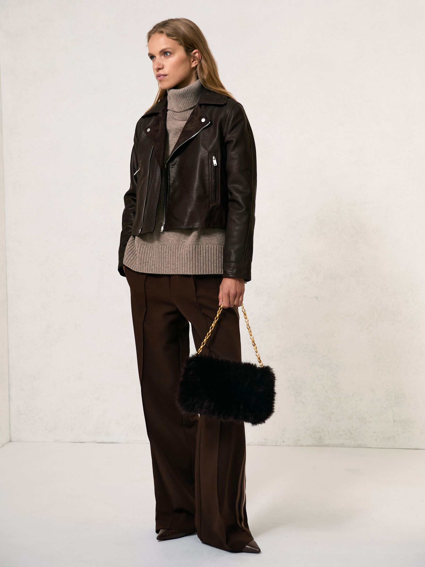Suede-Lapel Leather Biker Jacket in Chocolate Brown